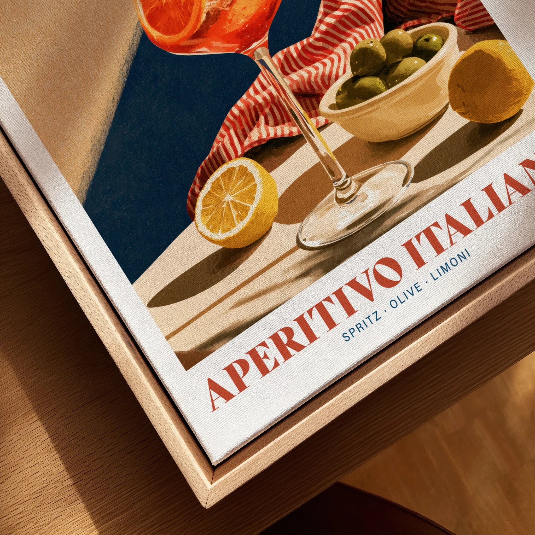 Aperitivo Italiano Italian Kitchen Poster - closeup framed canvas natural wood floating frame