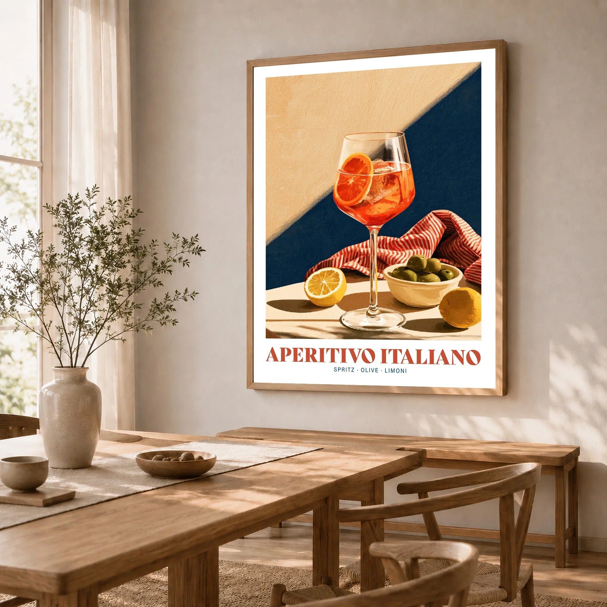 Aperitivo Italiano Italian Kitchen Poster - dining room framed print natural wood frame mockup ThisArtWorld