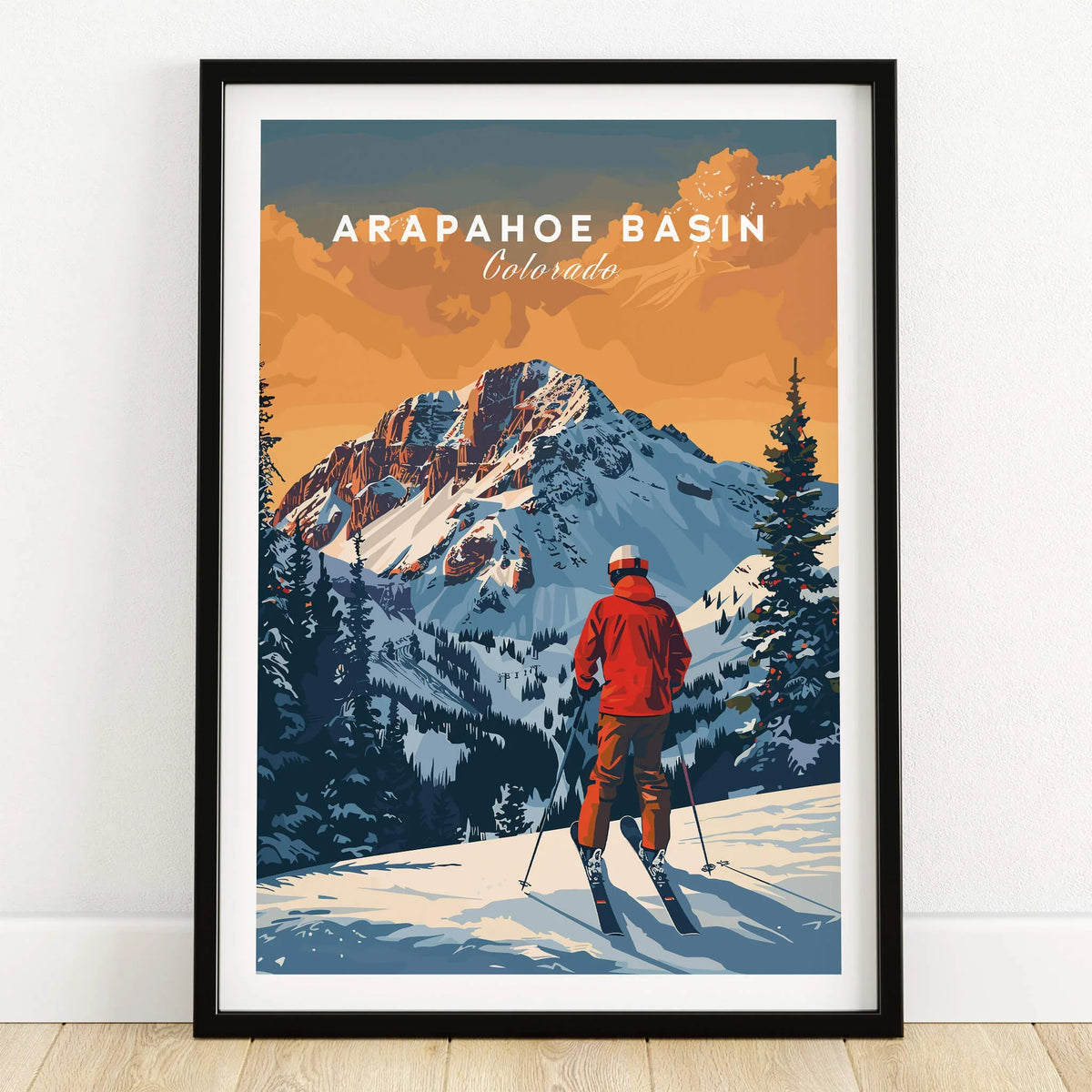 Arapahoe Basin Travel Poster - Colorado showcasing a skier against stunning mountain scenery.