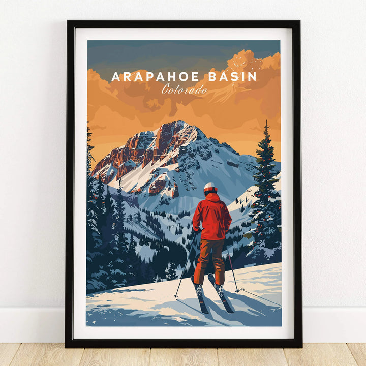 Arapahoe Basin Travel Poster - Colorado showcasing a skier against stunning mountain scenery.