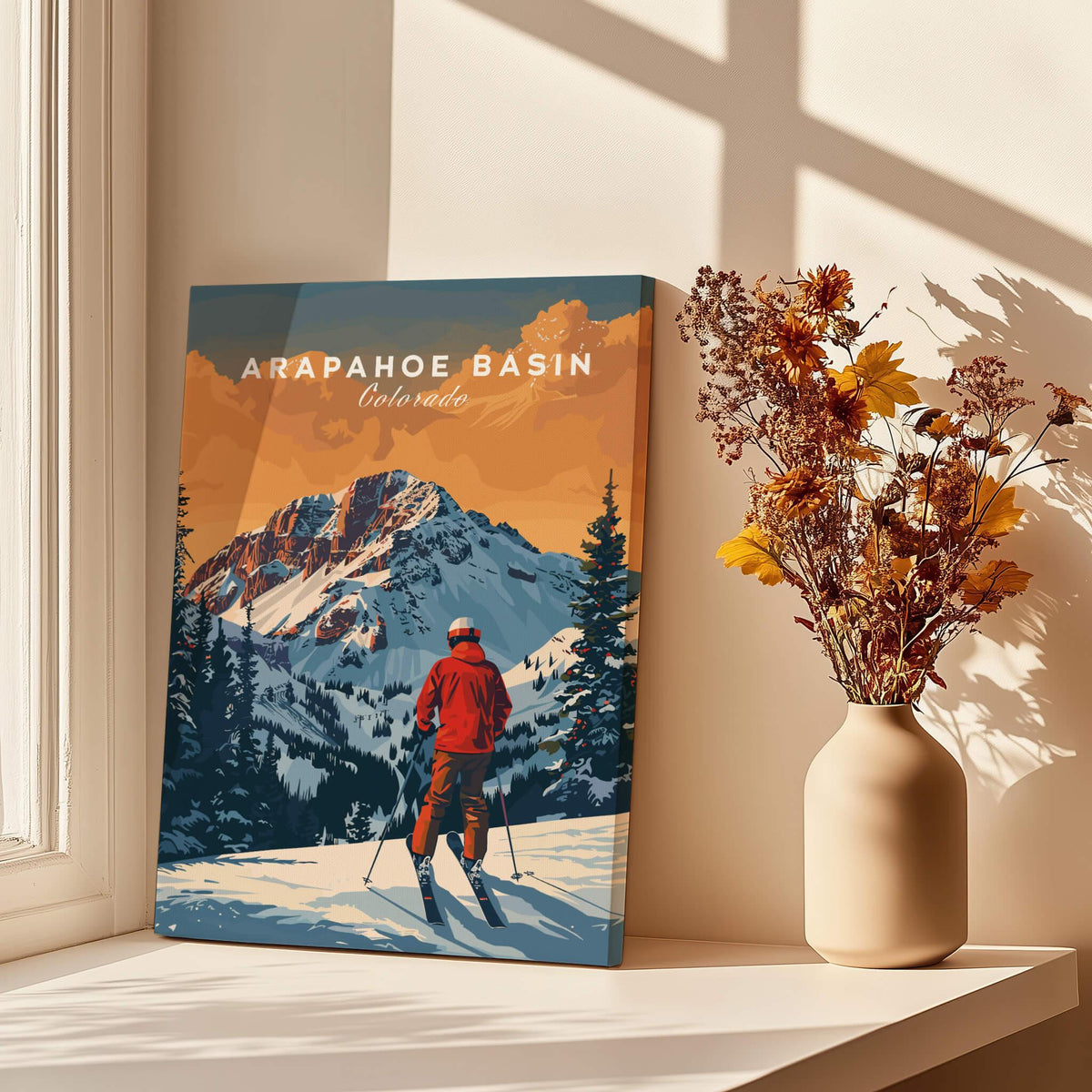 Arapahoe Basin Colorado art print with skier, snowy mountain, pine trees, and warm sunlight.