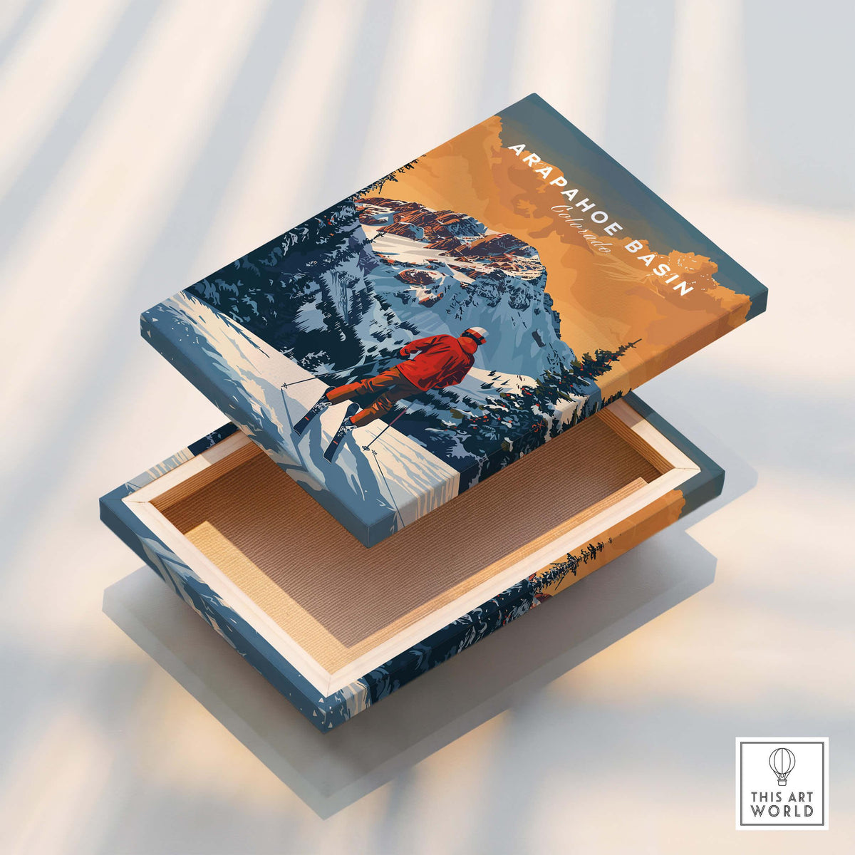 Arapahoe Basin ski scene decorative box with mountain landscape and skier illustration.
