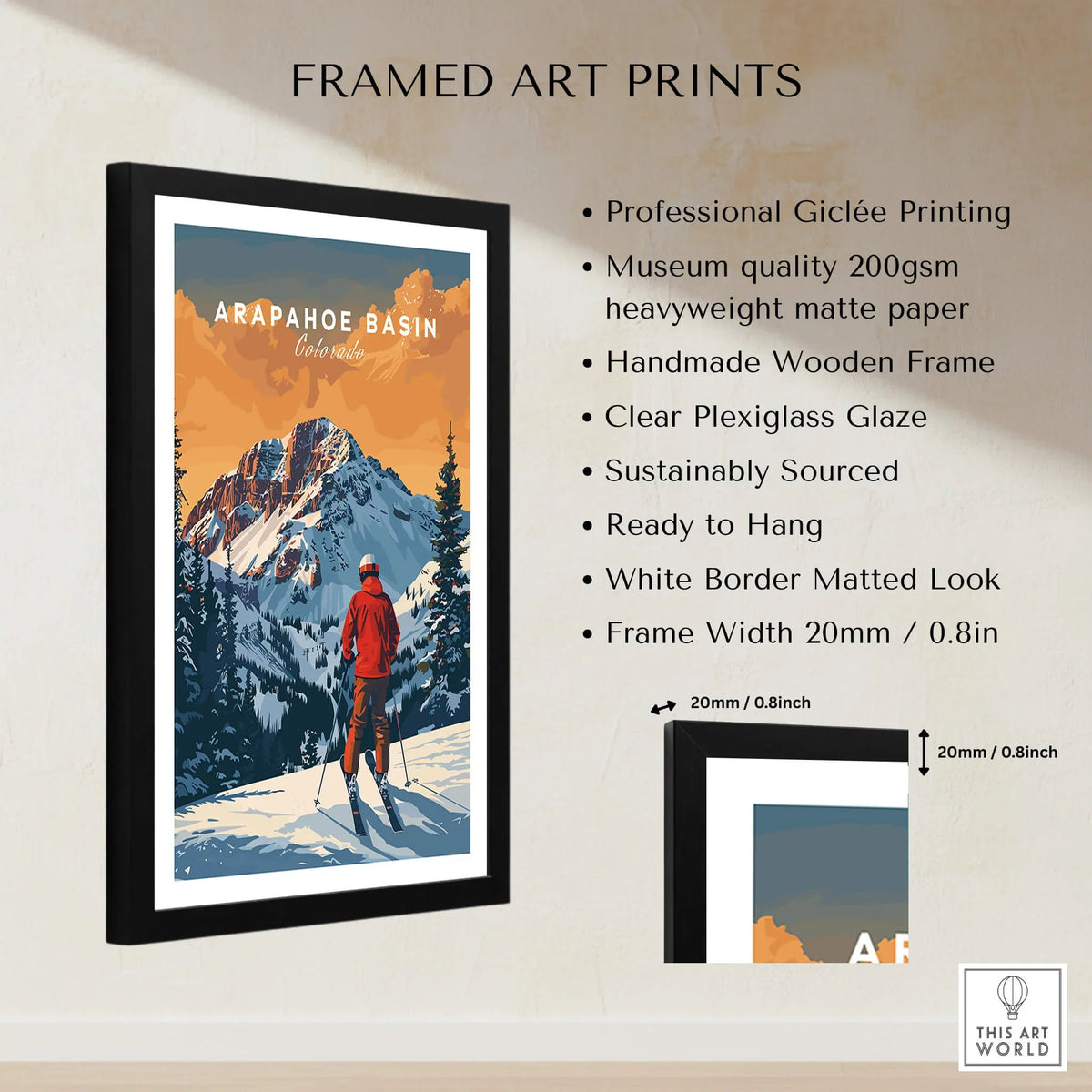 Arapahoe Basin ski poster in black wooden frame, mountain art print for home decor.