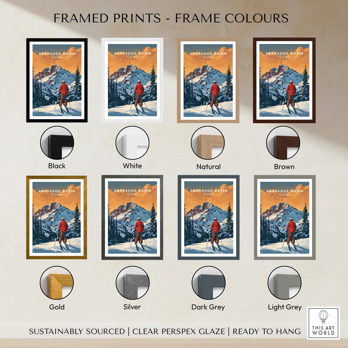 Arapahoe Basin ski travel poster art in eight frame color options, snowy mountain scene.