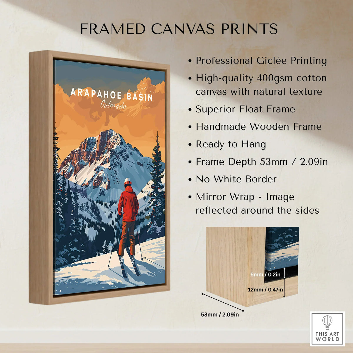 Arapahoe Basin Colorado ski travel poster in wooden float frame, snowy mountain wall art