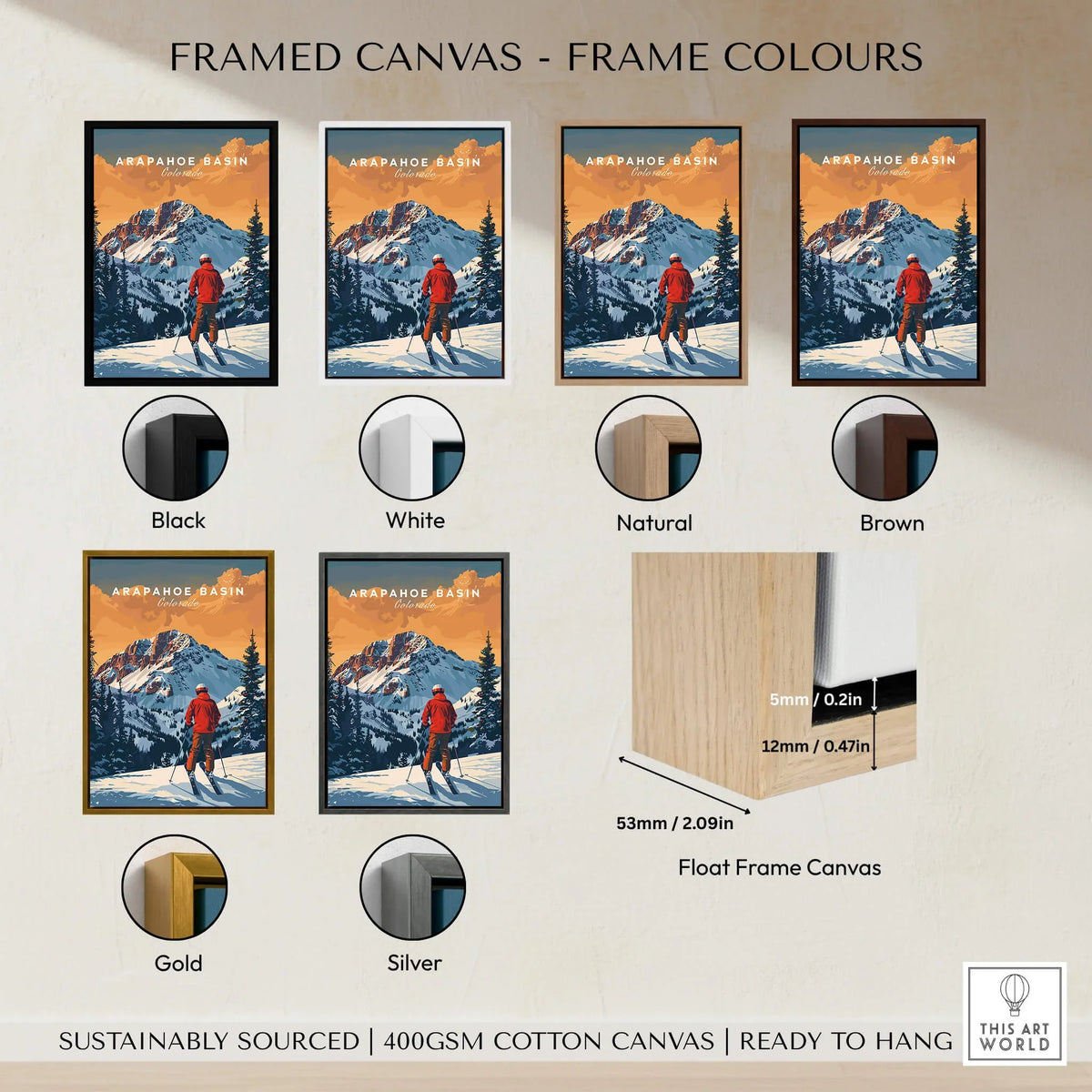 Arapahoe Basin Travel Poster - Colorado framed in black, white, natural, brown, gold, and silver options.