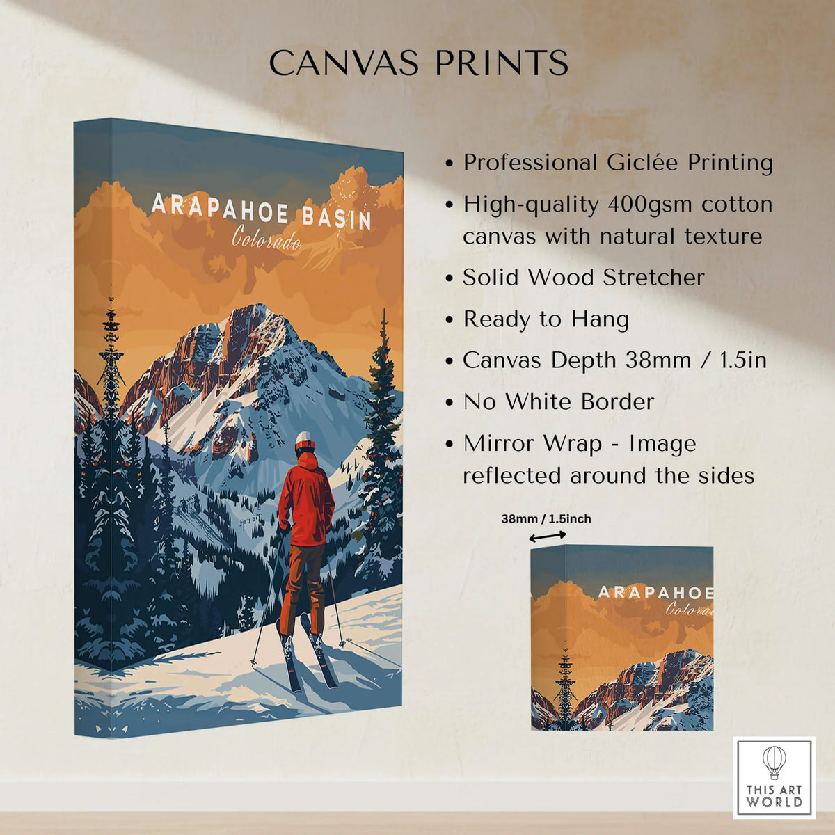 Arapahoe Basin Colorado ski canvas print with skier, snowy mountains, and pine trees.
