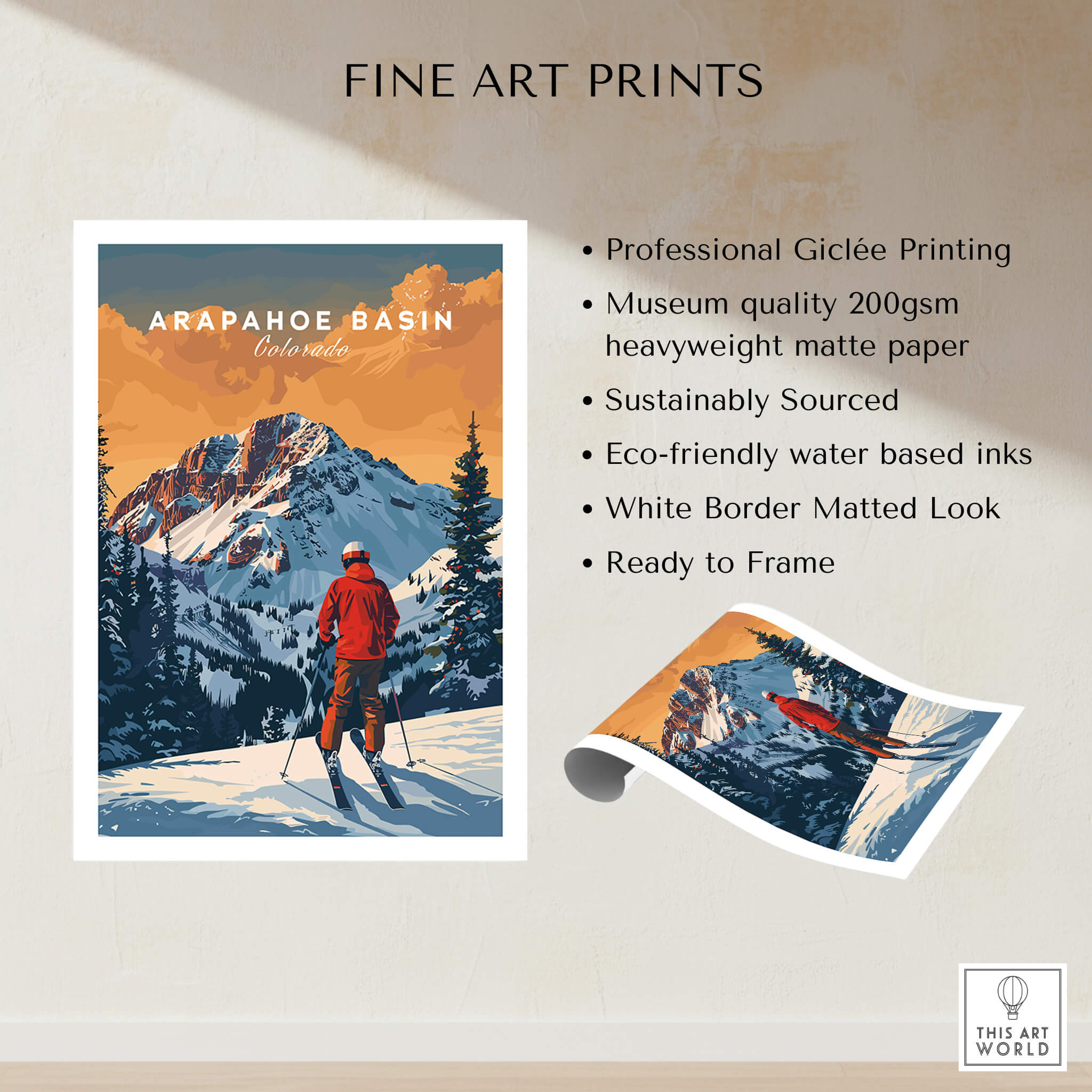 Arapahoe Basin Travel Poster - Colorado showcasing stunning ski slopes and a skier, ideal for home decor.