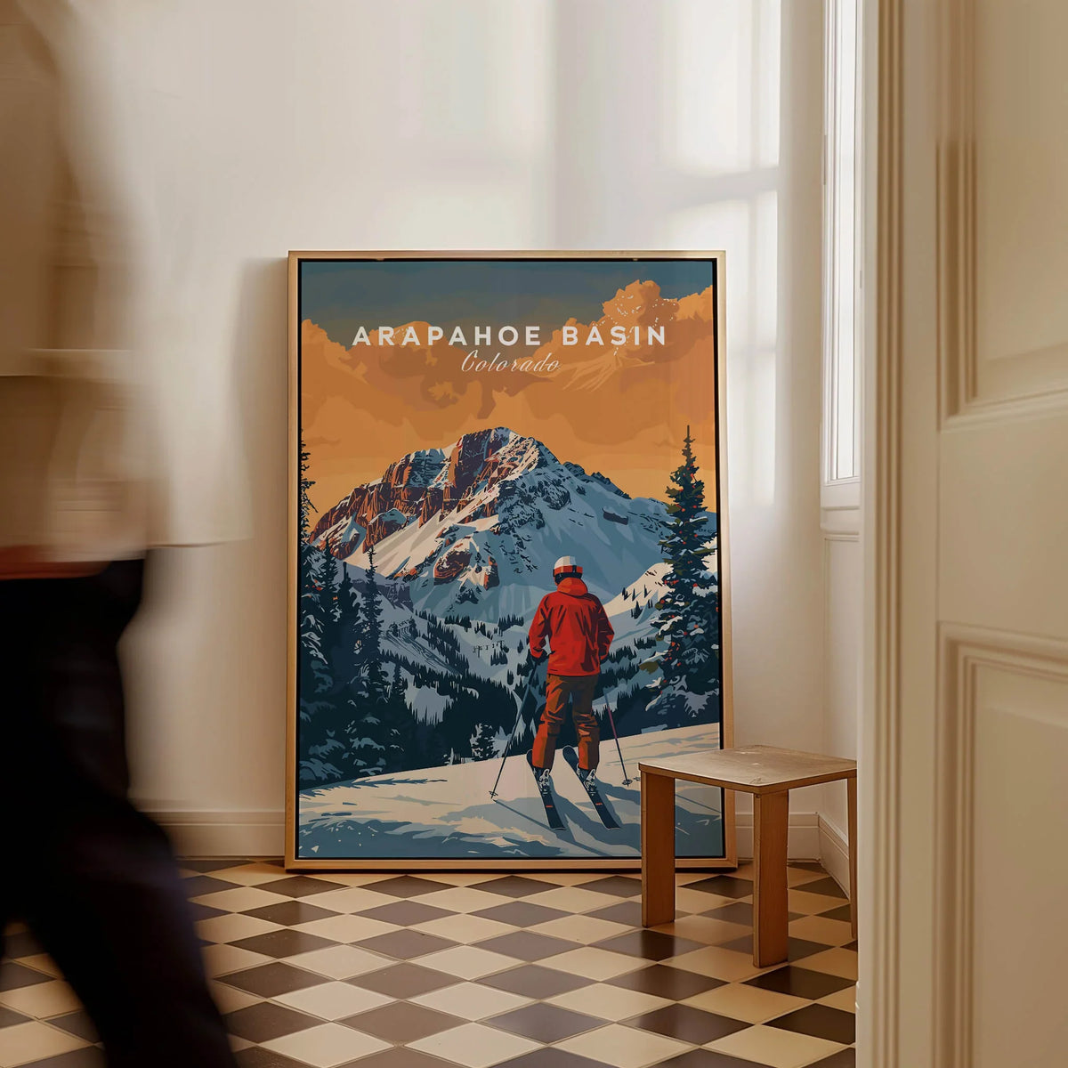 Arapahoe Basin Travel Poster - Colorado showcasing a skier against stunning mountain scenery.