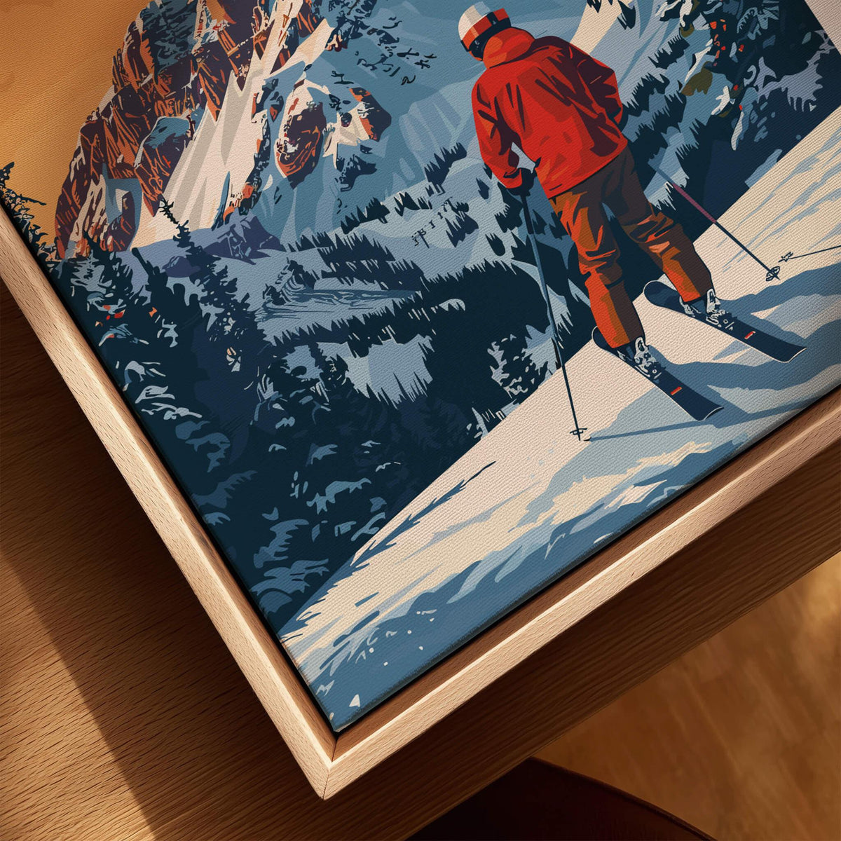 Framed art print of skier in red jacket overlooking snowy mountain landscape