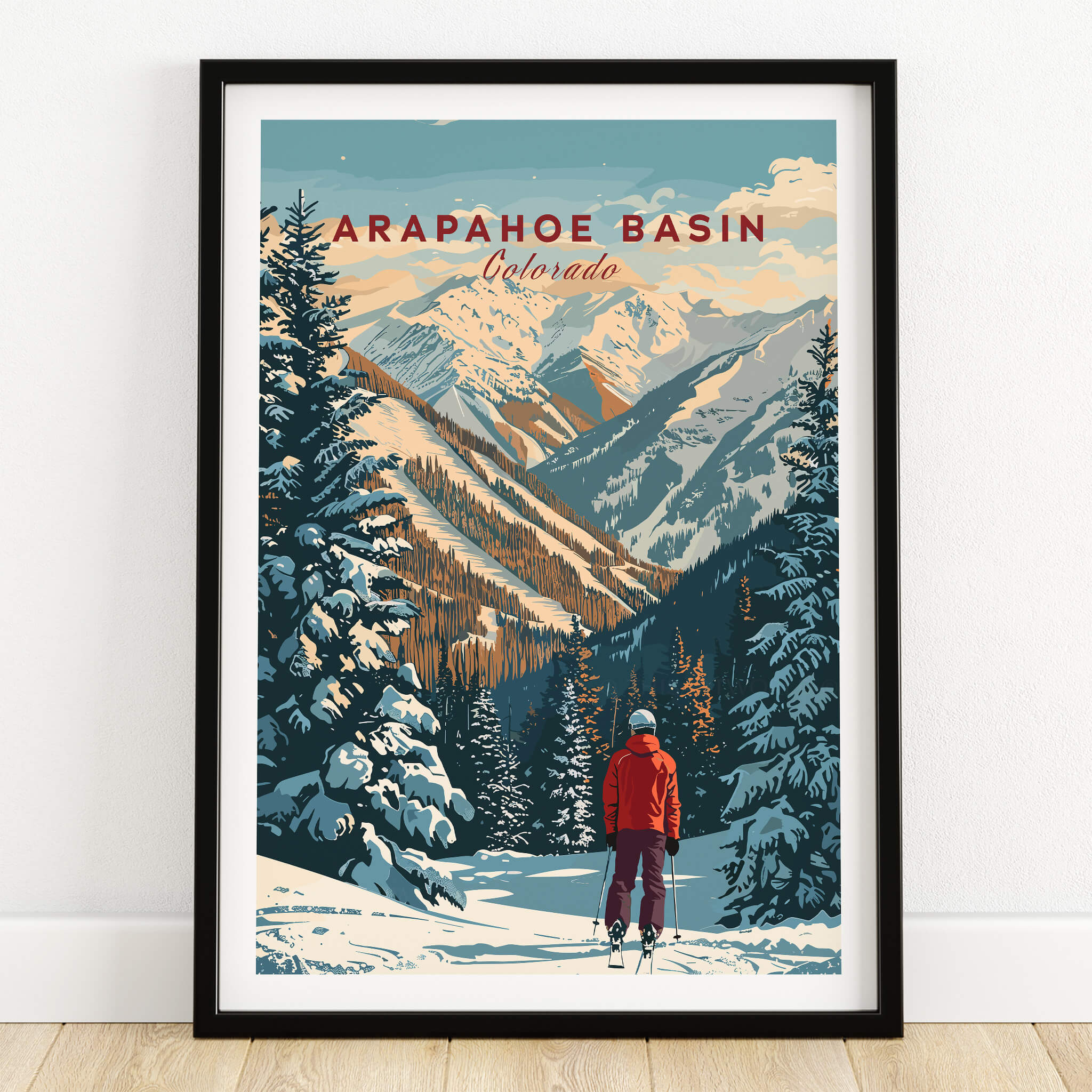 Arapahoe Basin Wall Art showcasing a skier surrounded by snowy mountains and pine trees.
