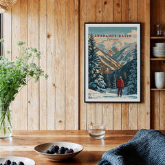 Arapahoe Basin Wall Art displayed in a rustic interior with wooden walls and a cozy atmosphere.