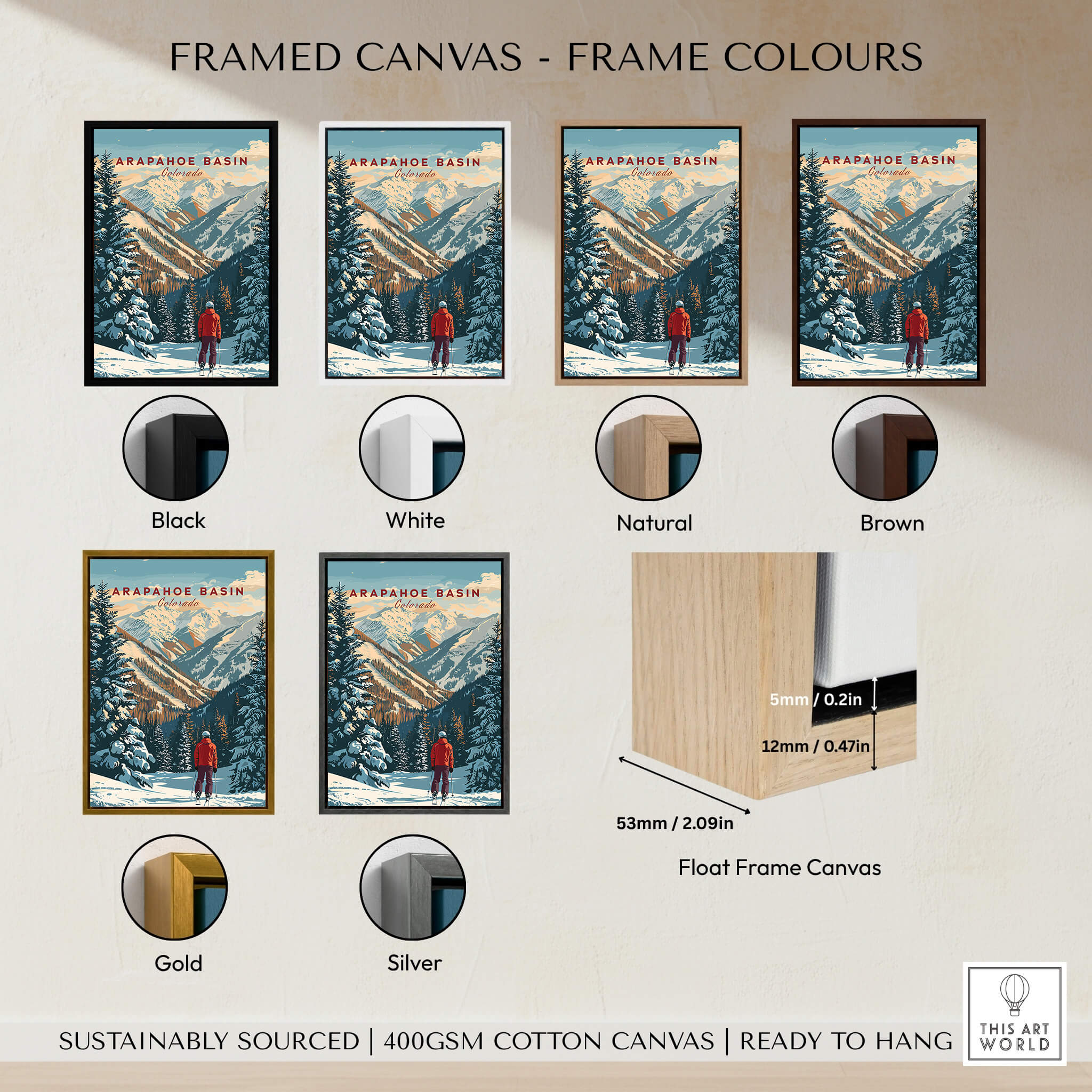 Arapahoe Basin Wall Art framed canvas options in various colors including Black, White, Natural, Brown, Gold, and Silver.
