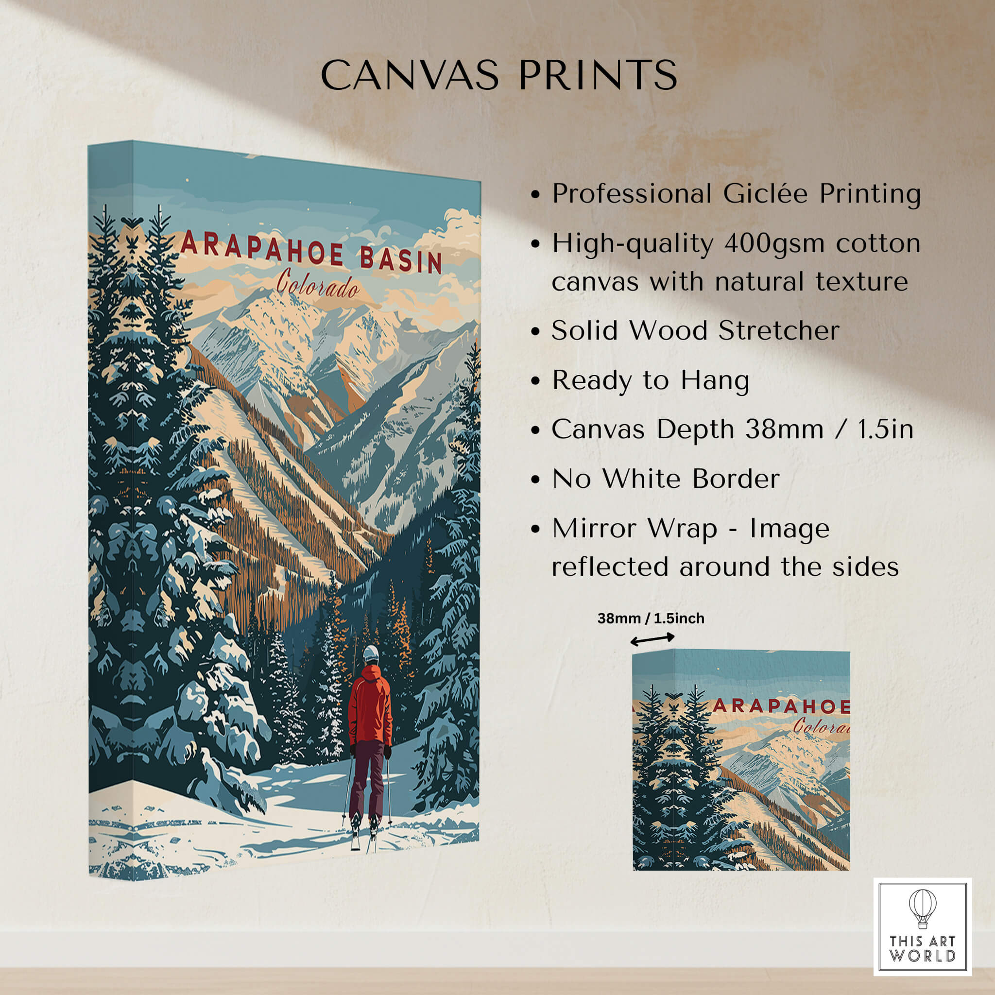 Arapahoe Basin Wall Art showcasing stunning mountain scenery and a skier, perfect for outdoor enthusiasts.