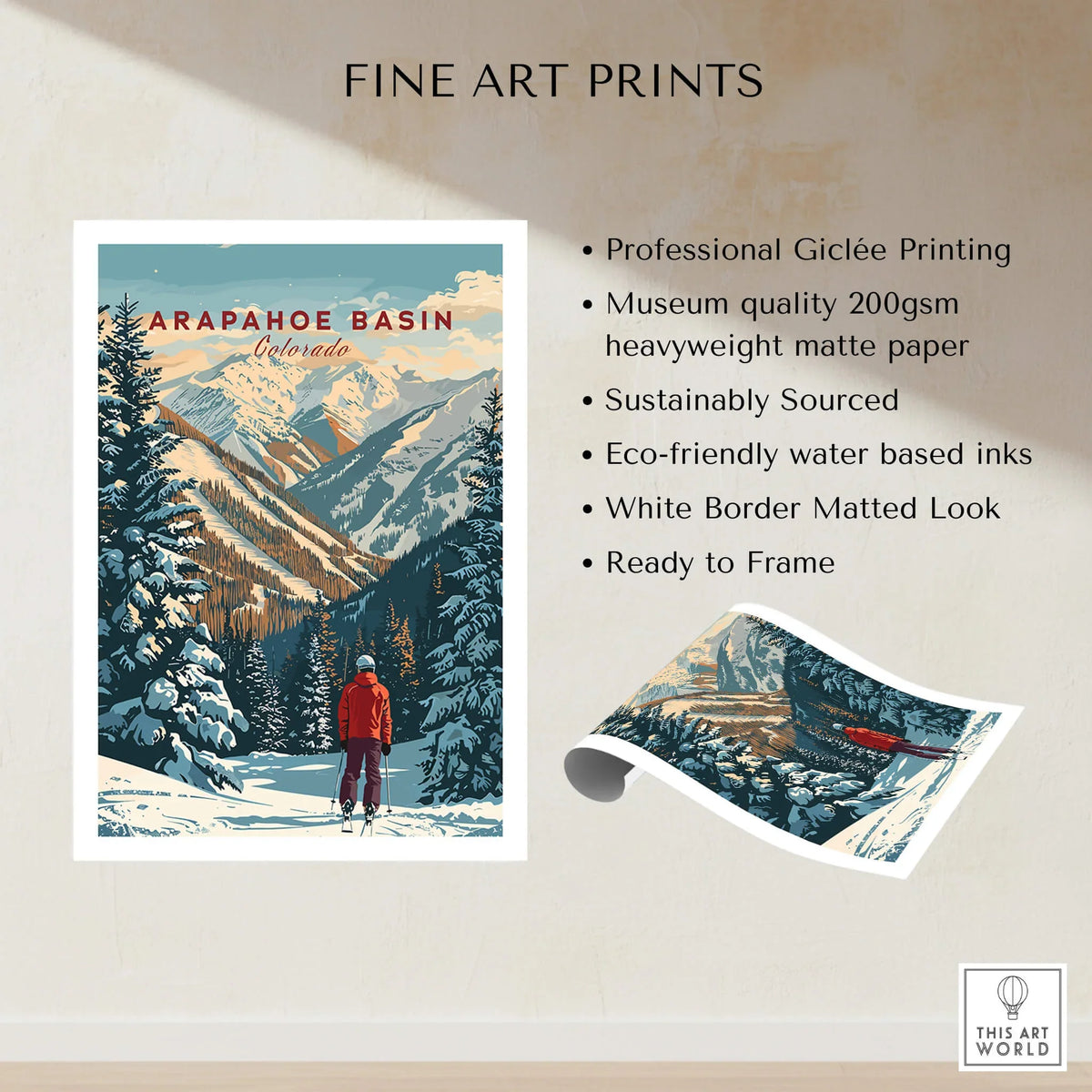Arapahoe Basin Wall Art showcasing stunning mountain scenery and skier in Colorado, perfect for outdoor enthusiasts.
