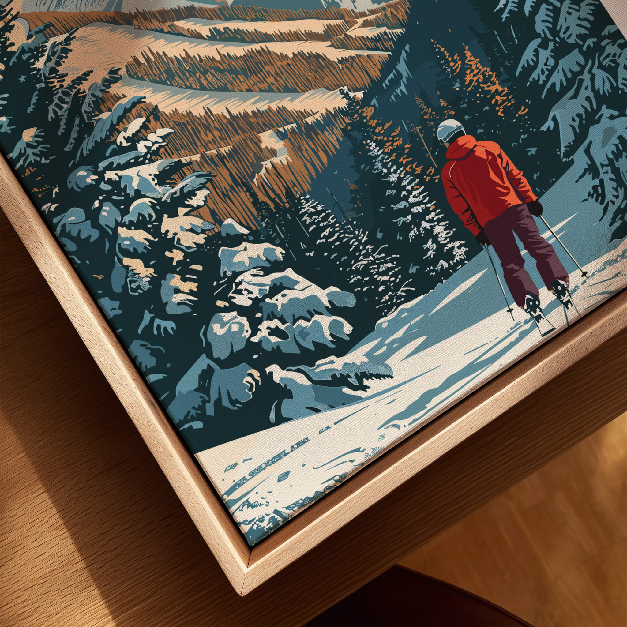 Arapahoe Basin Wall Art depicting a skier in a red jacket surrounded by snow-covered trees and mountains.