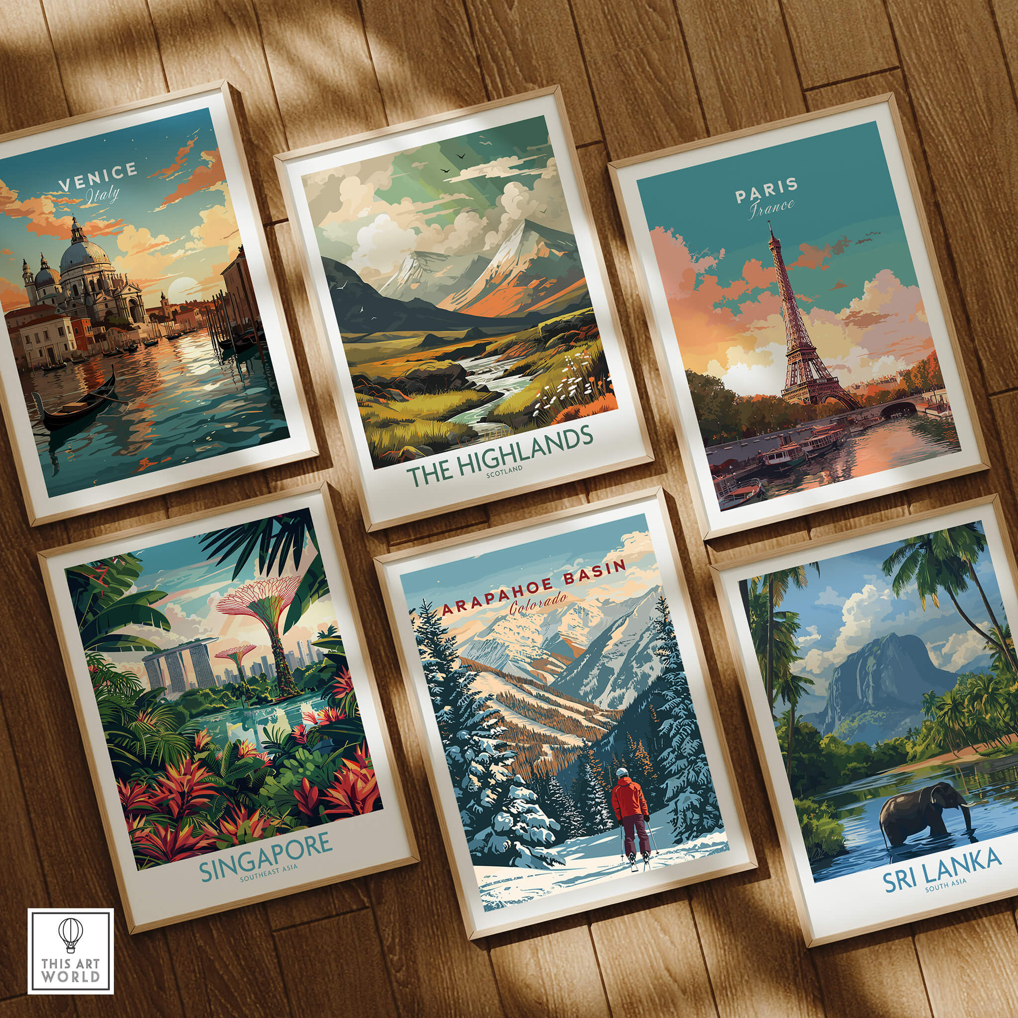 Arapahoe Basin Wall Art among travel-themed posters including Venice, Paris, Singapore, The Highlands, and Sri Lanka.