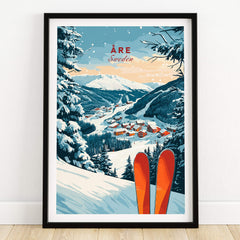 Åre Sweden Ski Print showcasing a breathtaking winter landscape with skis in the foreground.