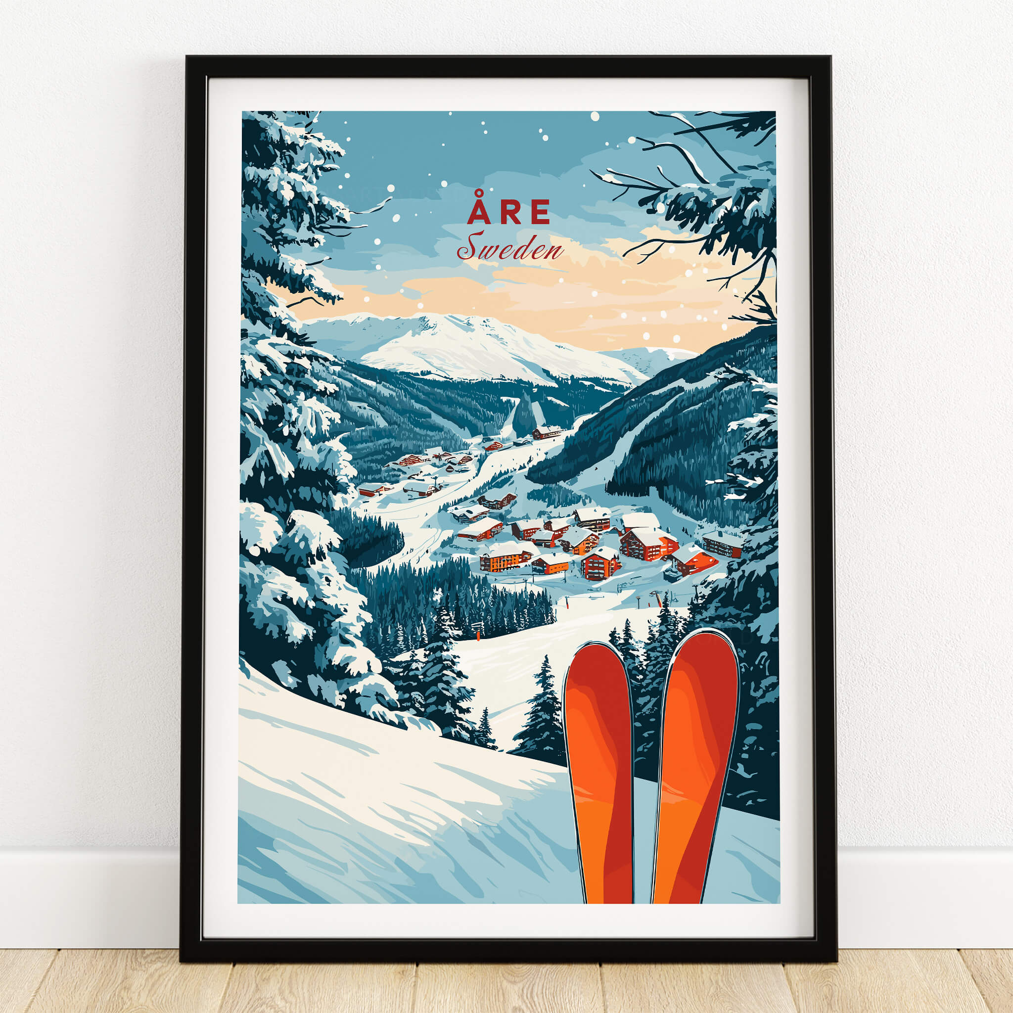 Åre Sweden Ski Print showcasing a breathtaking winter landscape with skis in the foreground.