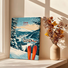 Åre Sweden Ski Print featuring a snowy landscape and vibrant skis next to a bouquet, perfect for ski enthusiasts.