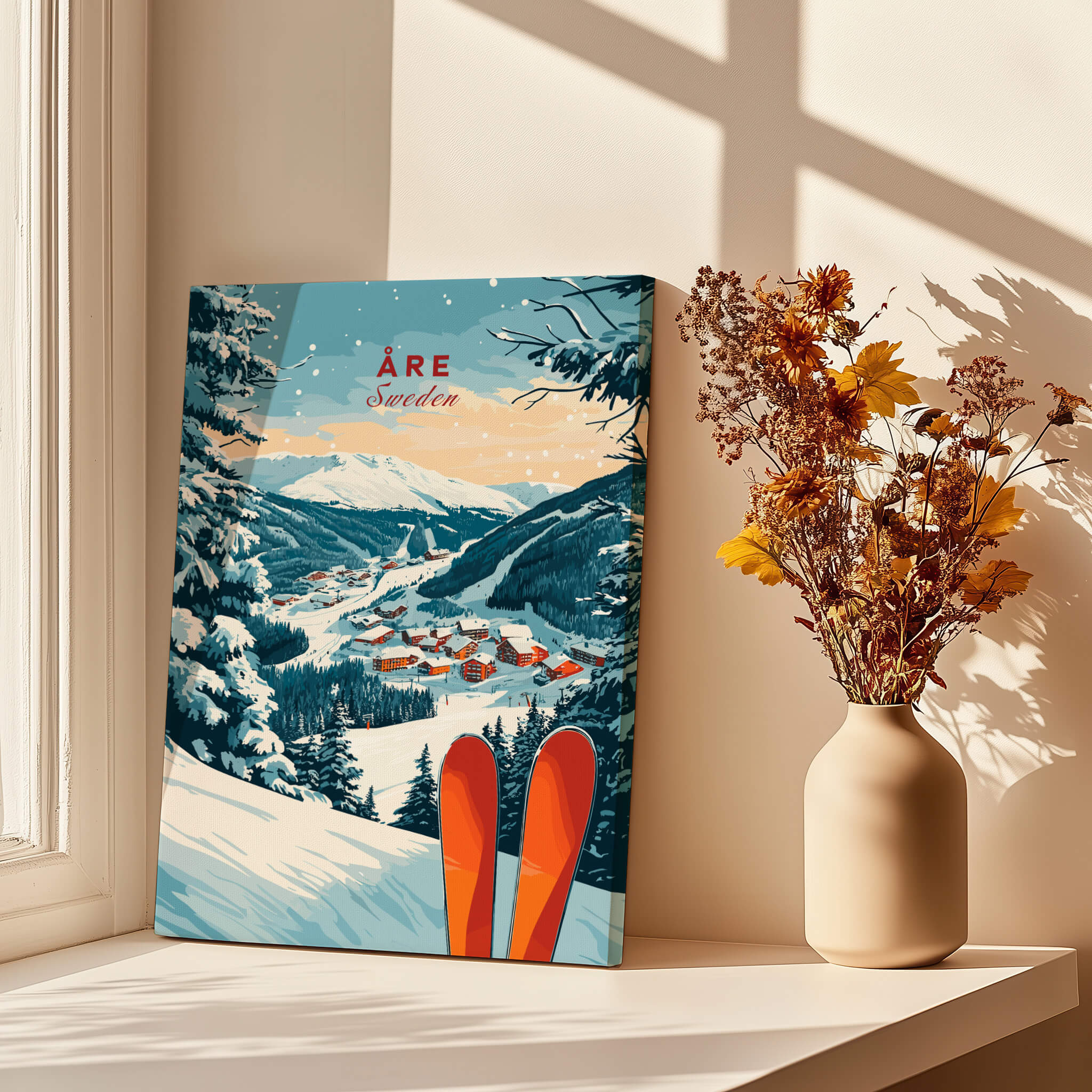 Åre Sweden Ski Print featuring a snowy landscape and vibrant skis next to a bouquet, perfect for ski enthusiasts.