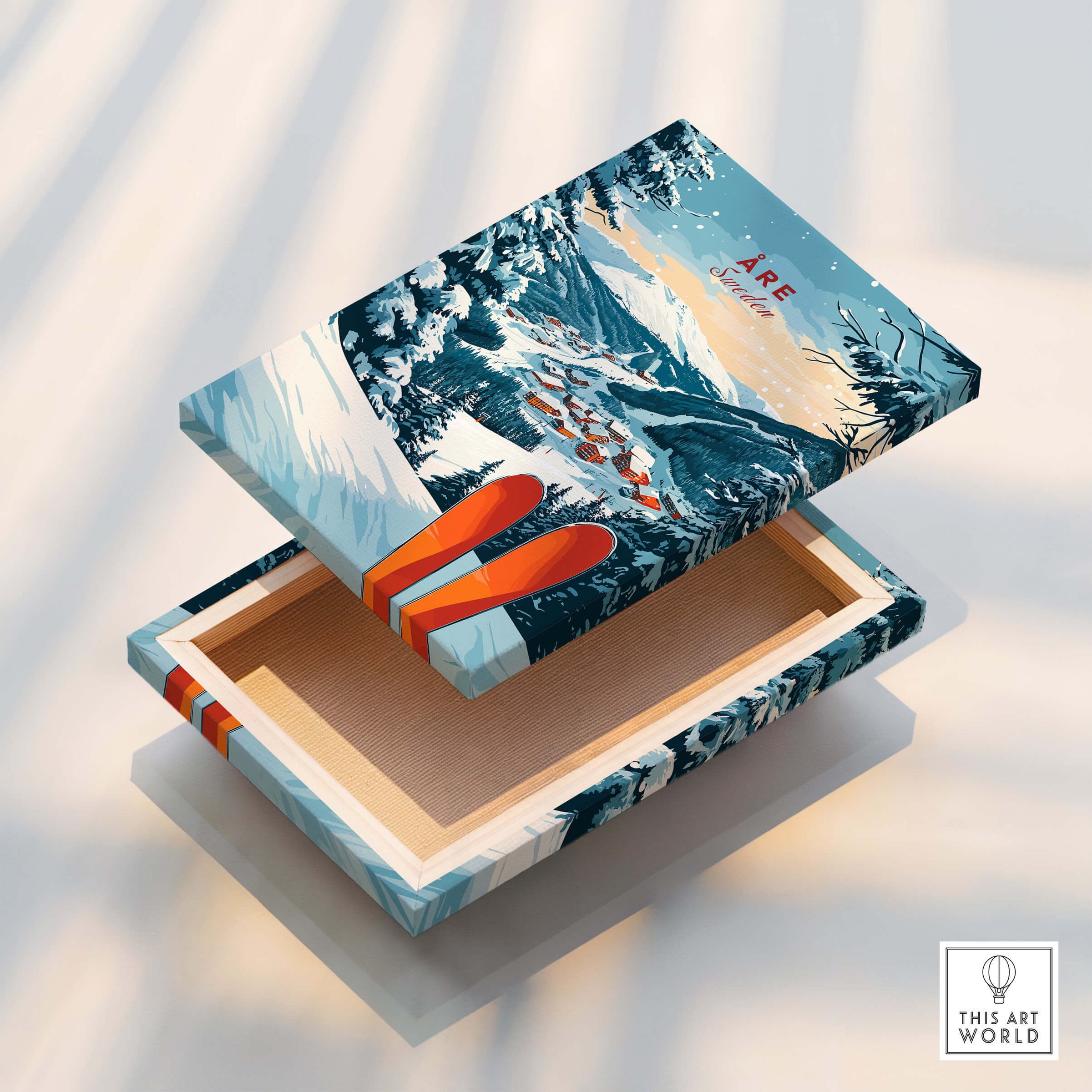 Åre Sweden Ski Print featuring a beautifully designed ski box art with snowy mountains and vibrant colors.