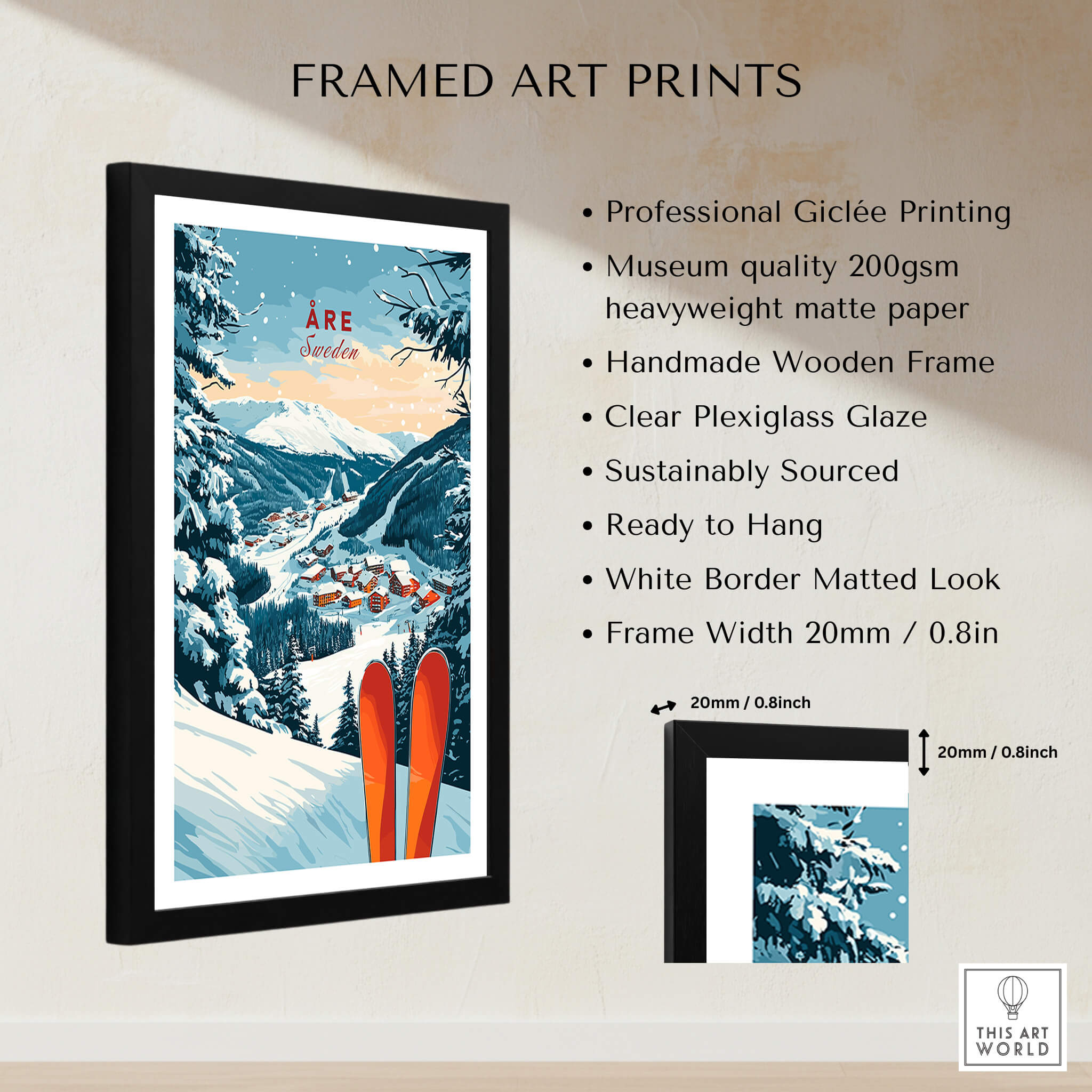 Åre Sweden Ski Print beautifully framed with professional giclée printing and clear plexiglass glaze.