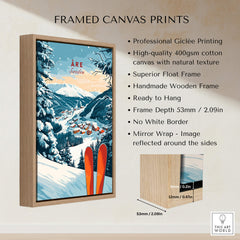 Åre Sweden Ski Print framed canvas art featuring snowy mountains and ski equipment.