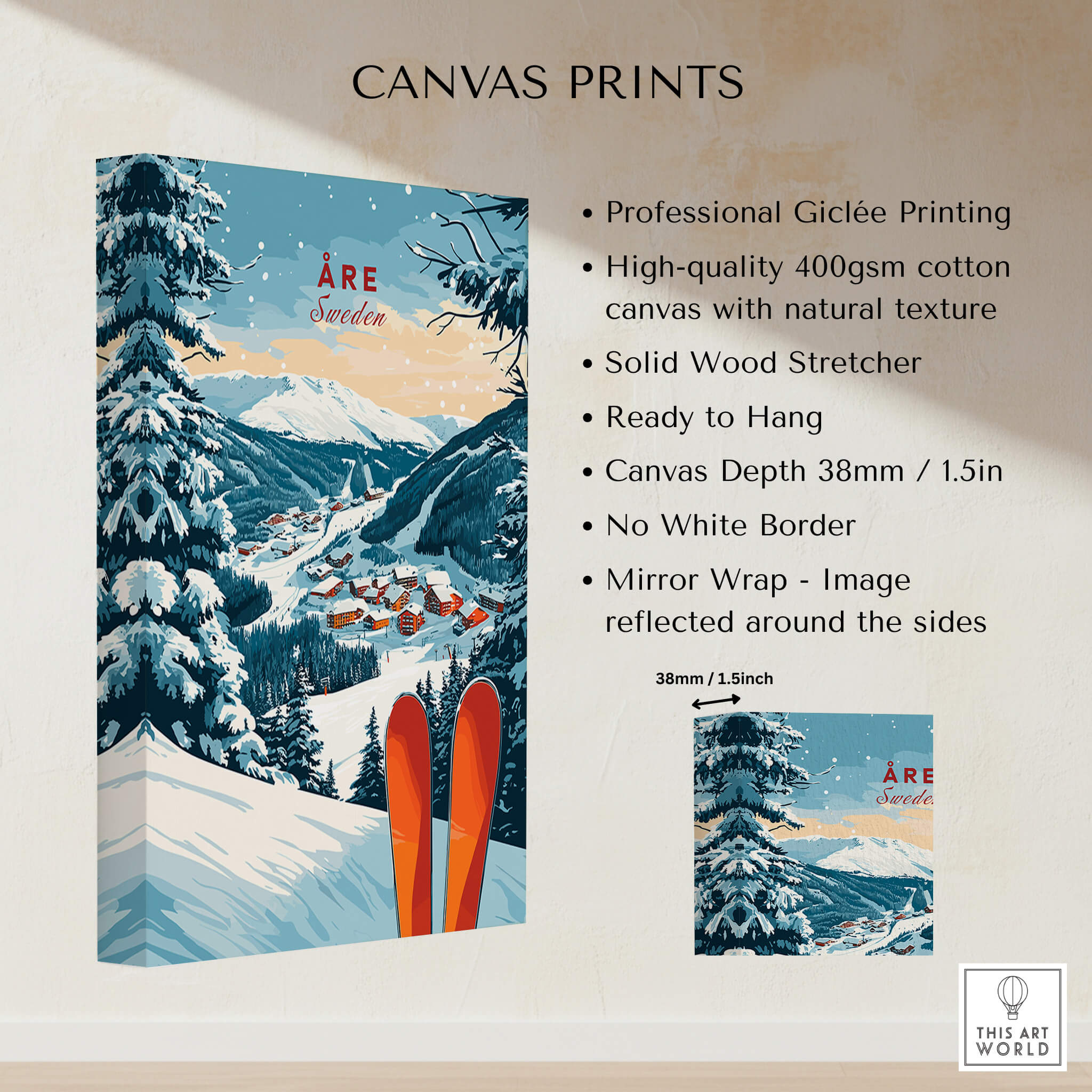 Åre Sweden Ski Print showcasing a snowy landscape with skis and mountains, perfect for ski enthusiasts and wall decor.