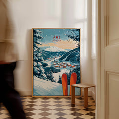 Åre Sweden Ski Print depicting winter scenery and skiing vibes in a cozy interior setting.