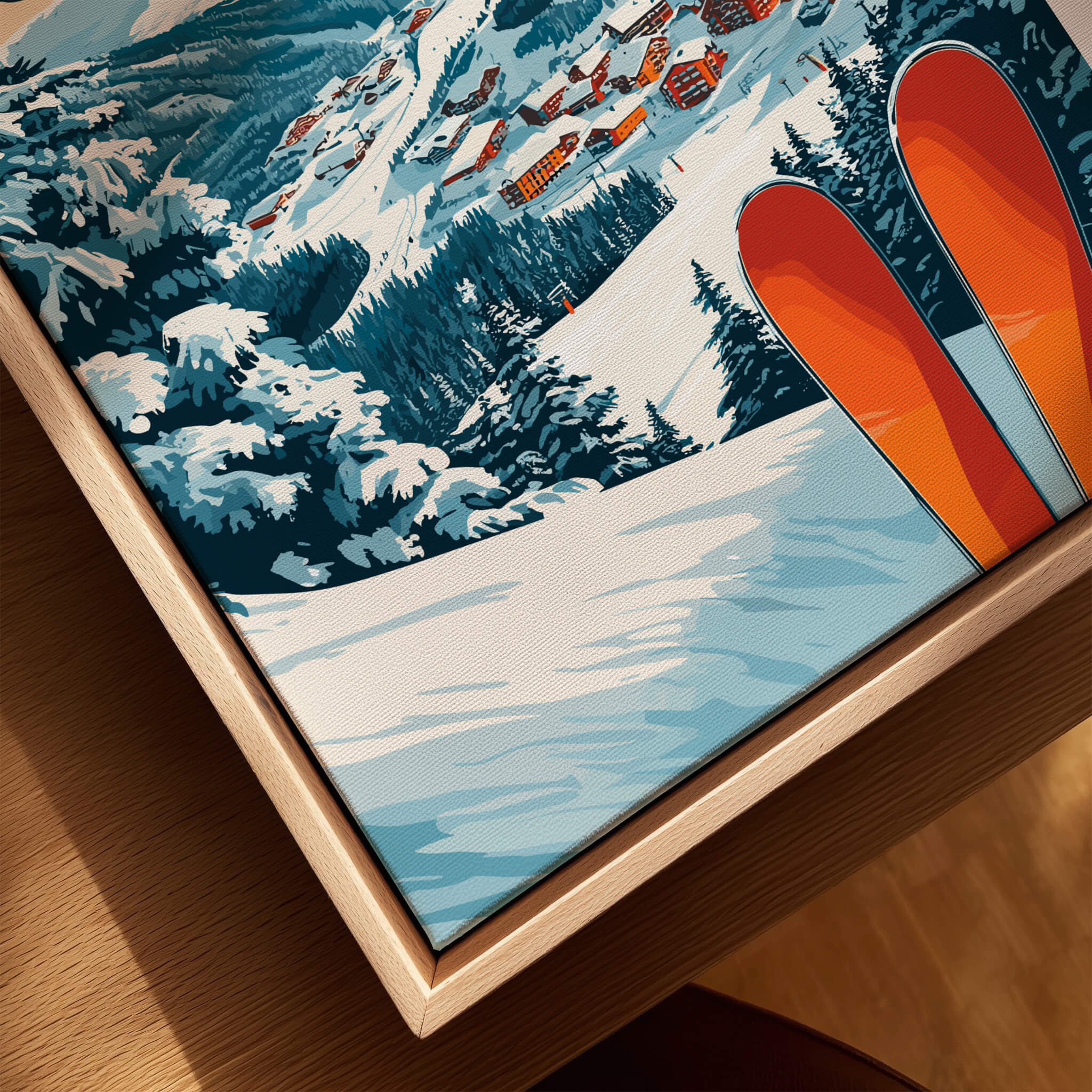 Åre Sweden Ski Print featuring vibrant skis against a scenic snowy landscape in Åre, Sweden.