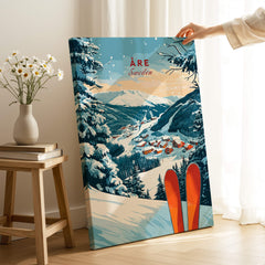 Åre Sweden Ski Print featuring a snowy landscape with ski equipment in a cozy setting.