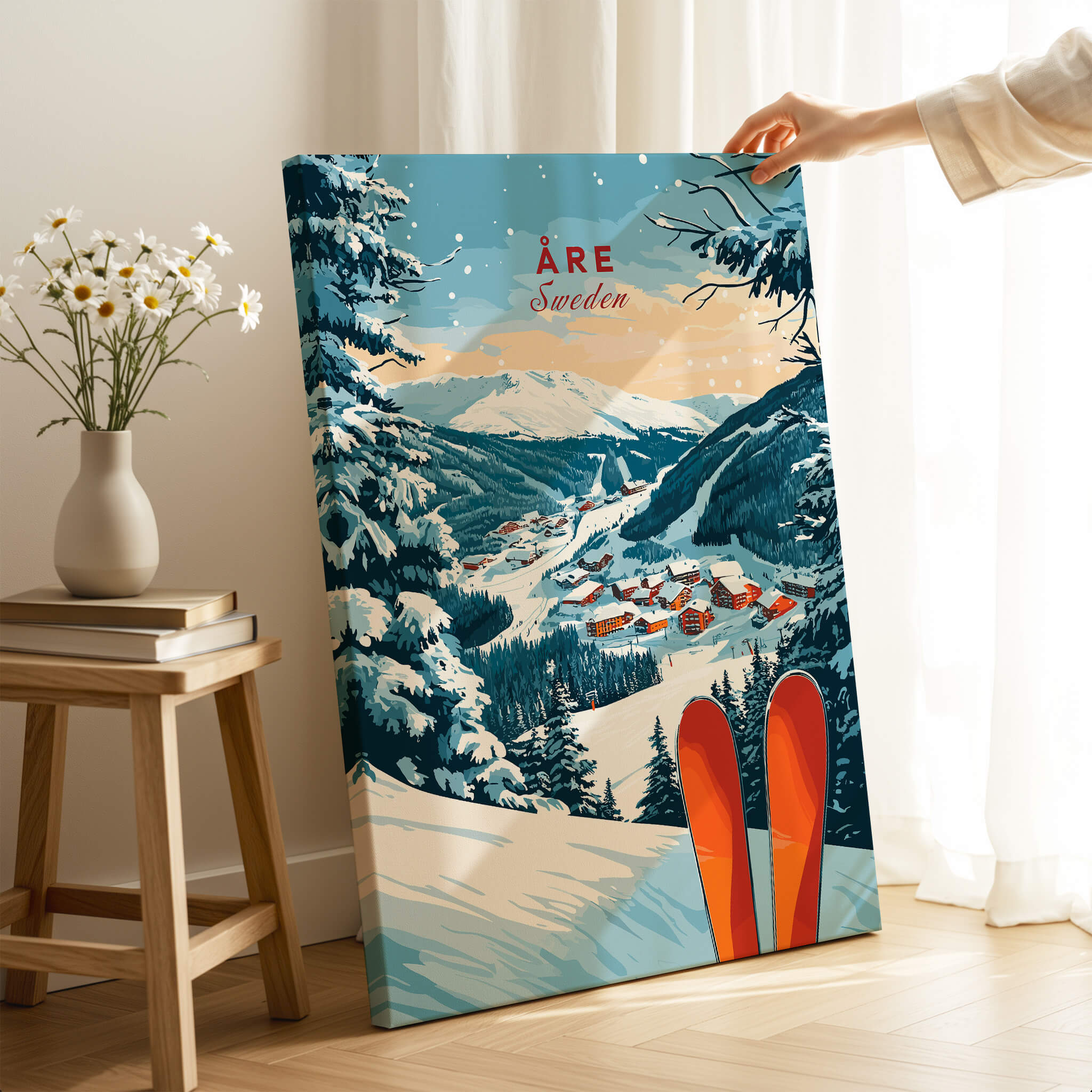 Åre Sweden Ski Print featuring a snowy landscape with ski equipment in a cozy setting.