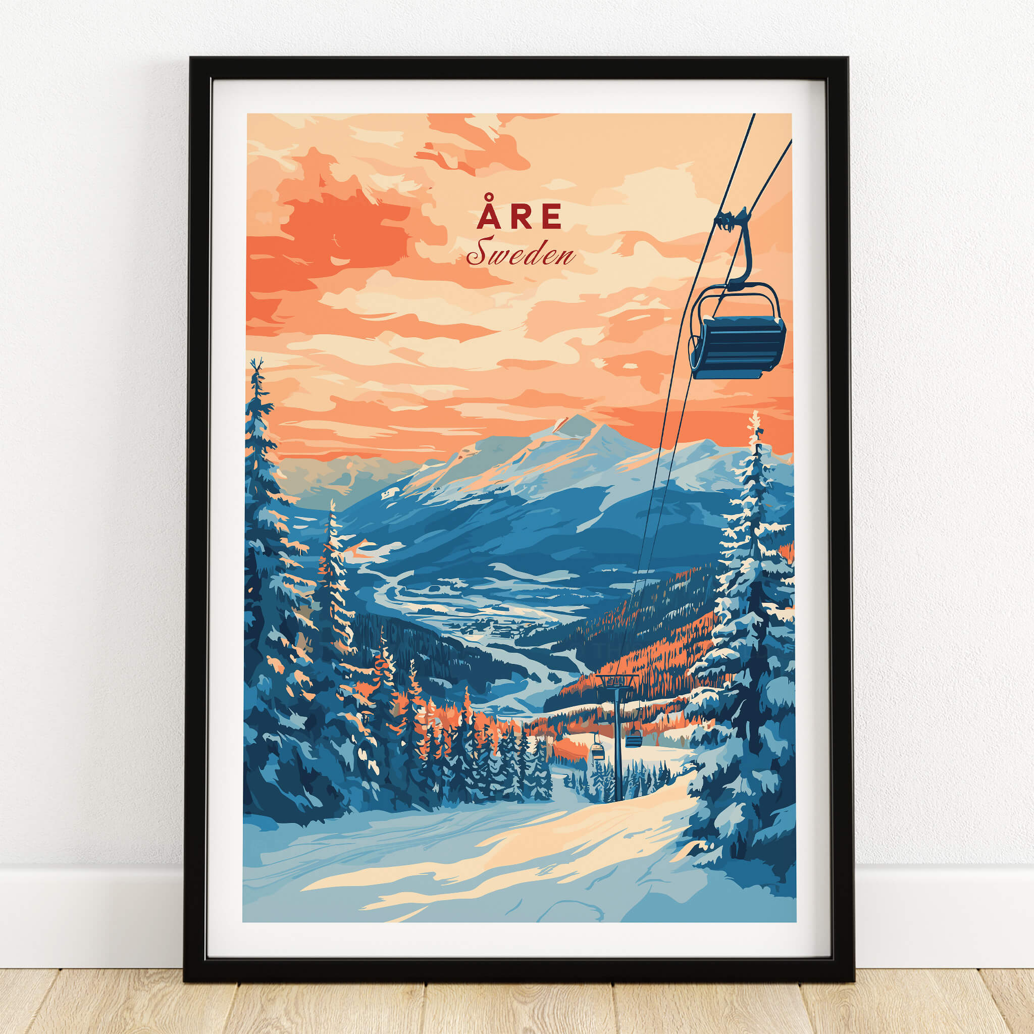 Åre Sweden Wall Art Ski Print featuring a scenic view of the mountains and ski lift.