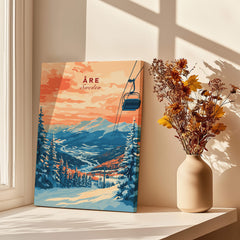 Åre Sweden Wall Art Ski Print showcasing a scenic view with a ski lift and mountains in warm colors.