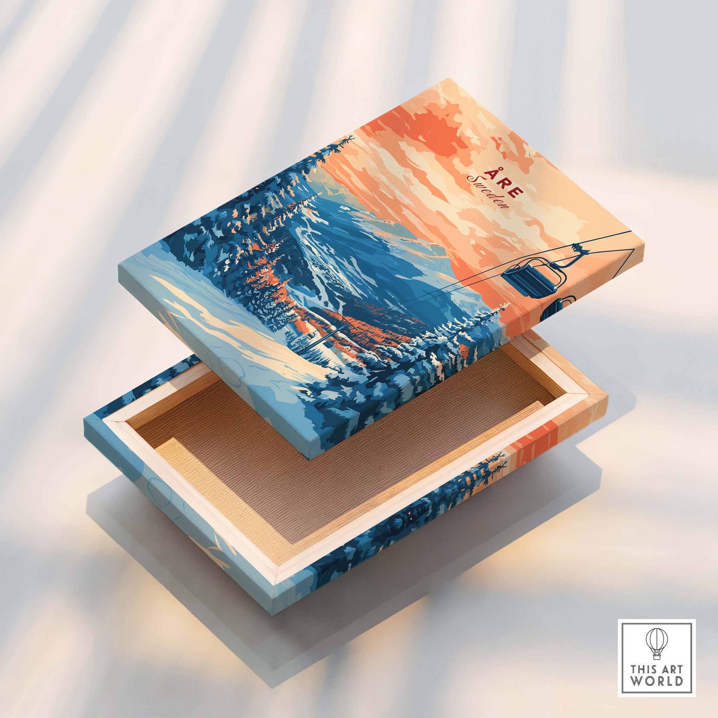 Åre Sweden Wall Art Ski Print on a decorative box showcasing stunning mountain scenery and a ski lift.