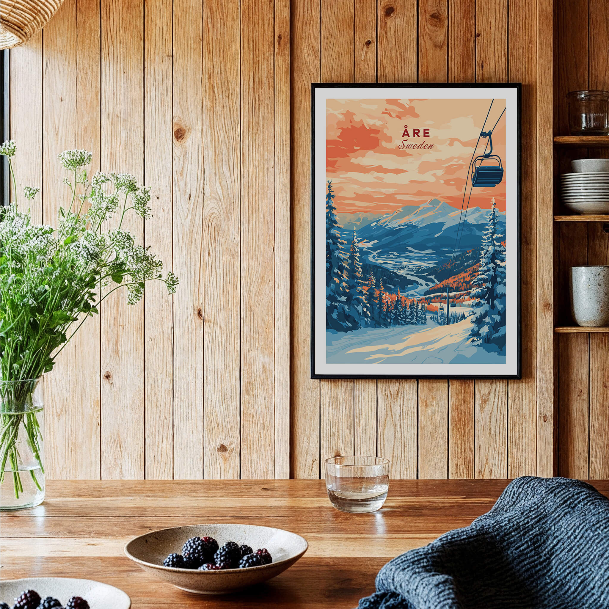 Åre Sweden Wall Art Ski Print featuring a ski lift and winter landscape in a warm color palette.