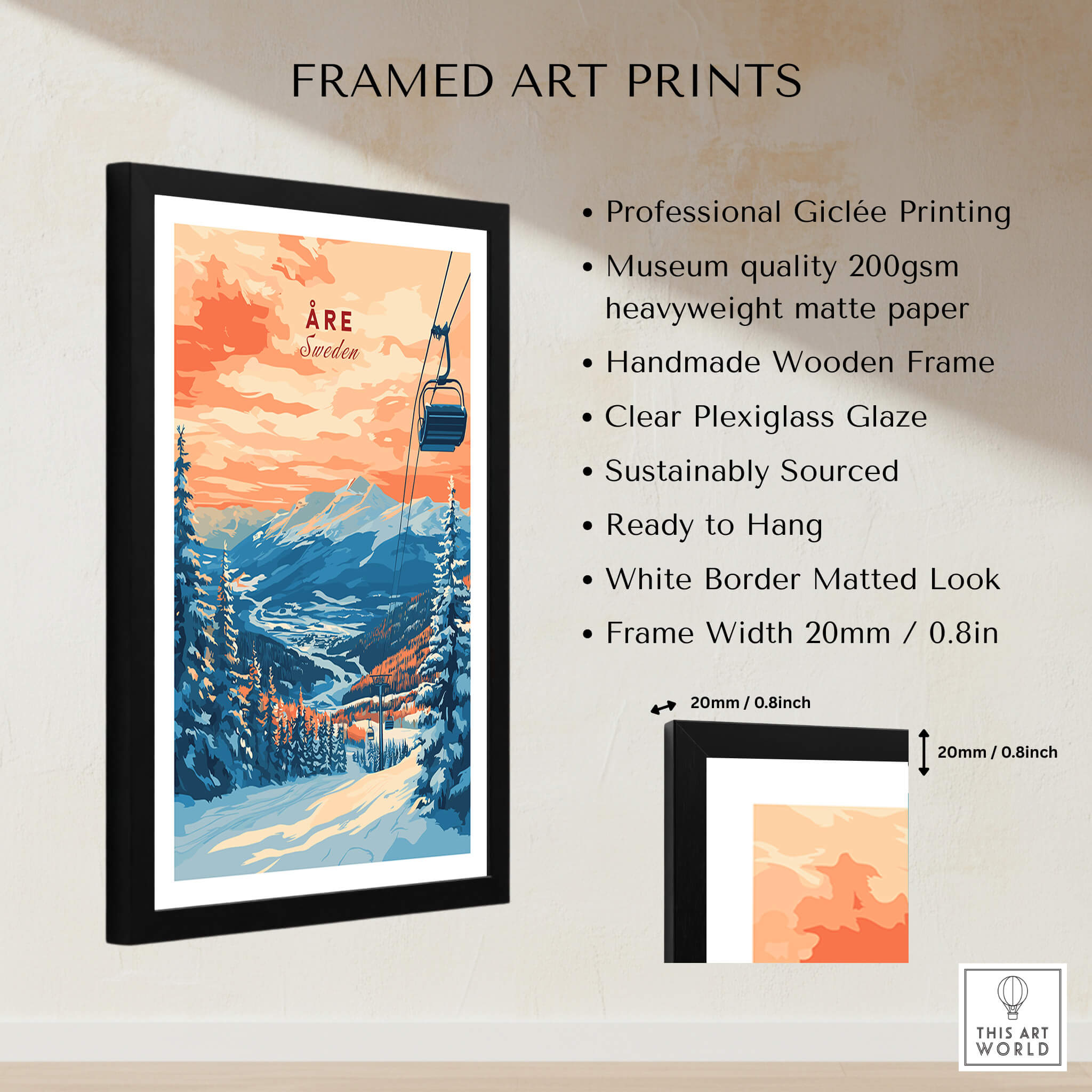 Åre Sweden Wall Art Ski Print featuring breathtaking ski scenery framed with professional quality materials.