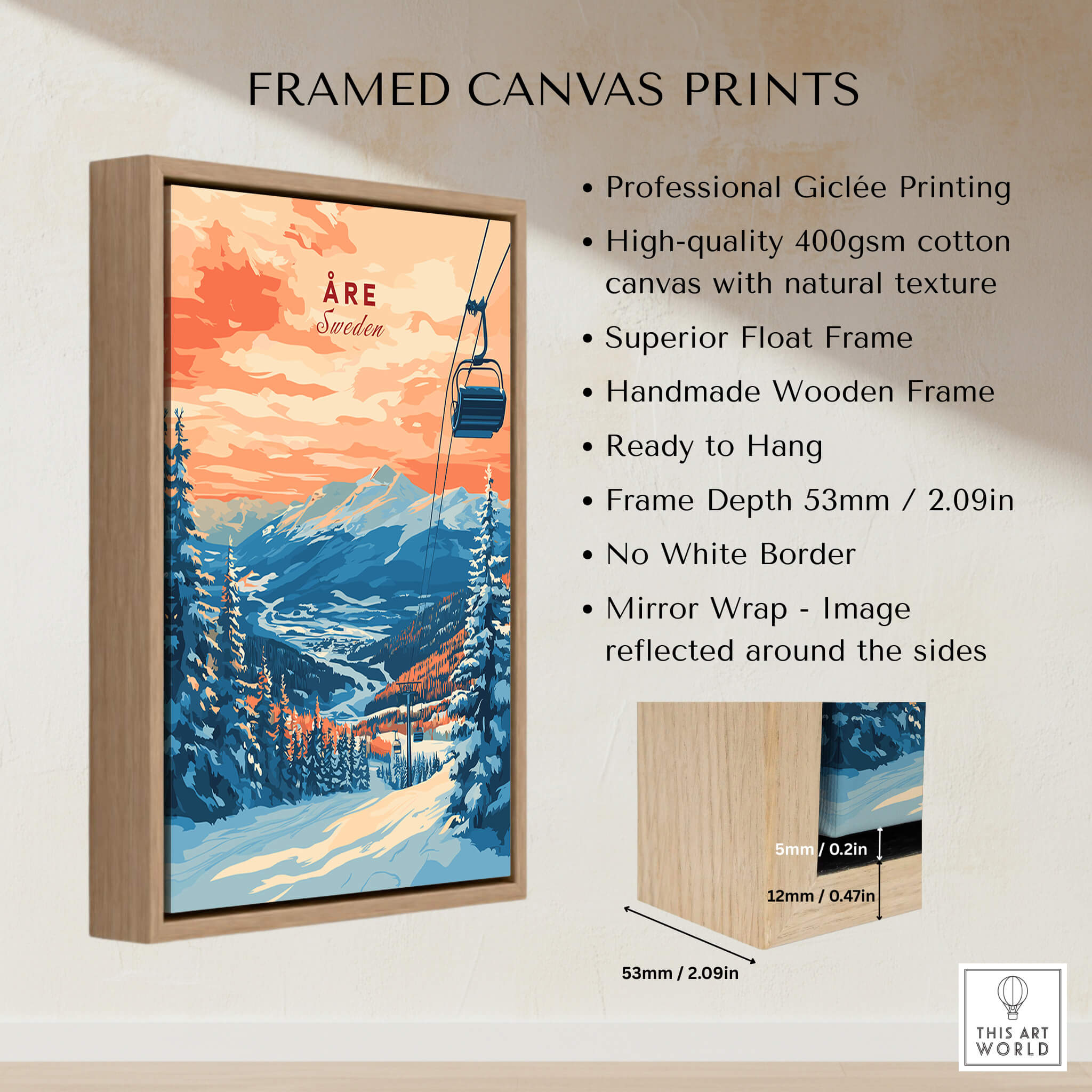 Åre Sweden Wall Art Ski Print featuring professional Giclée printing and a handmade wooden frame.