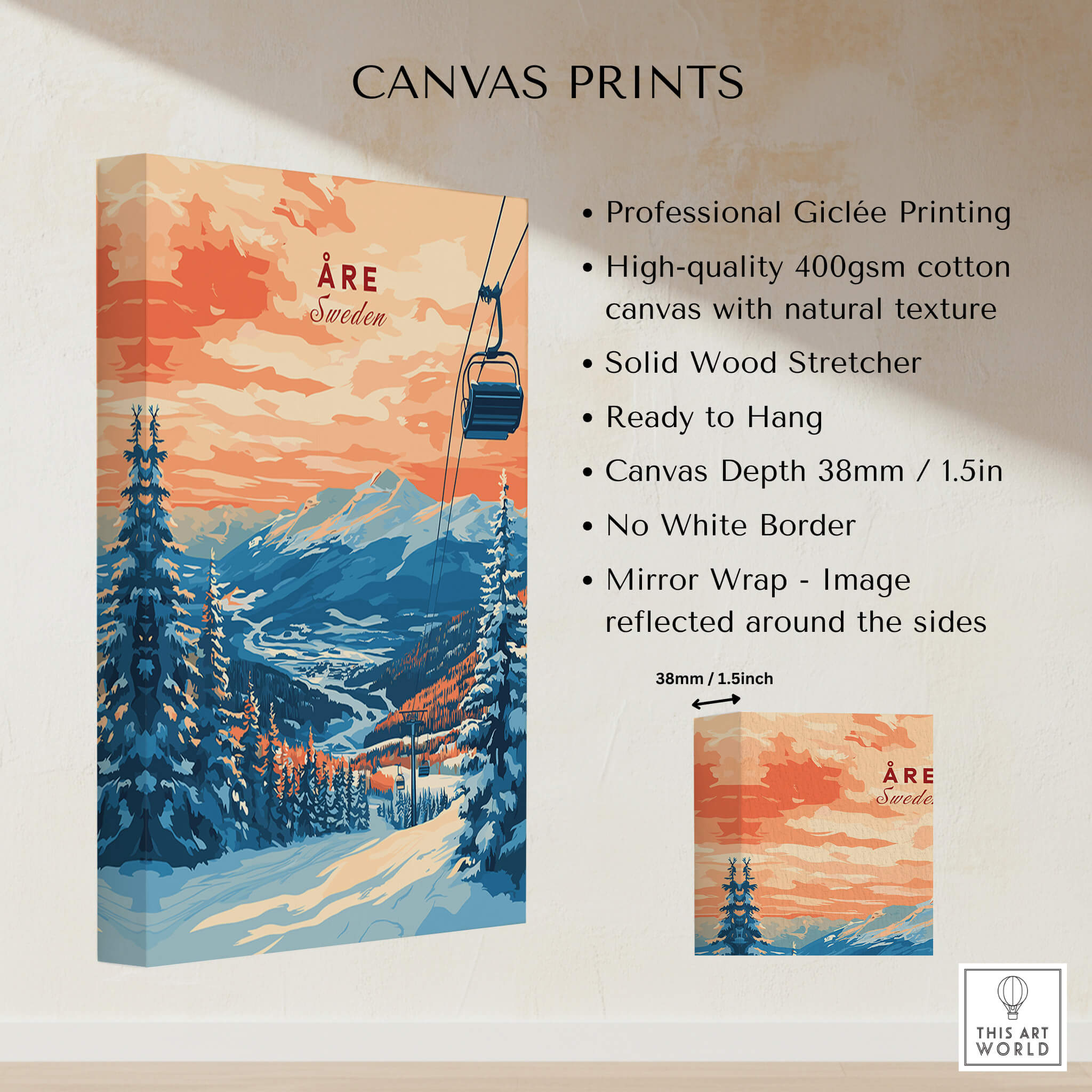 Åre Sweden Wall Art Ski Print showcasing picturesque mountain scenery and ski lift design for home decor.