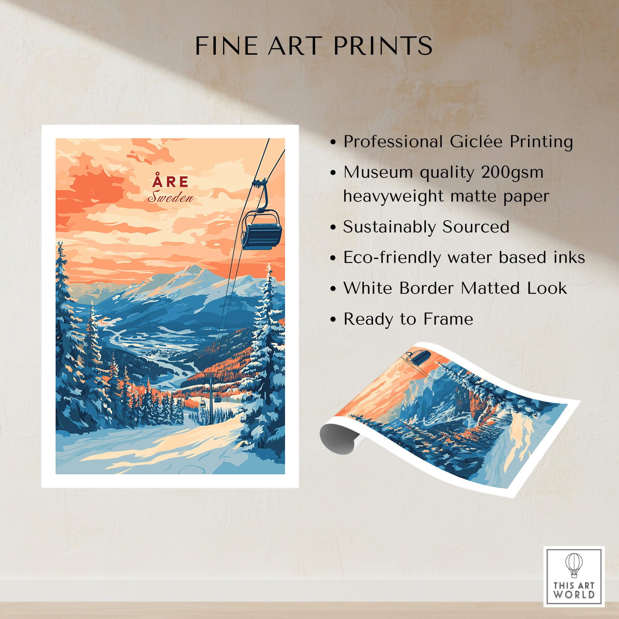 Åre Sweden Wall Art Ski Print featuring a scenic landscape with ski lift, trees, and mountains.