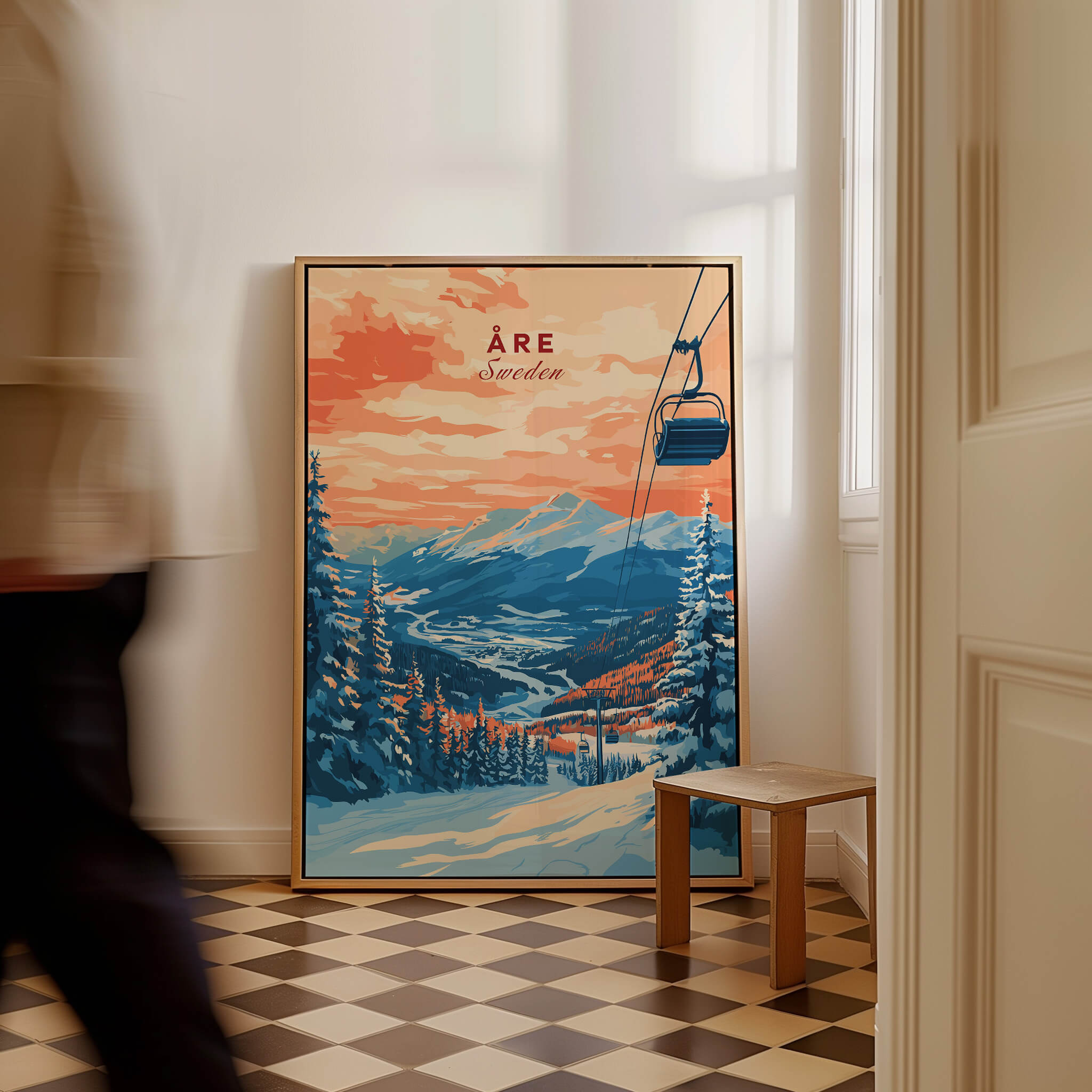 Åre Sweden Wall Art Ski Print featuring a scenic view of mountains and ski lift in warm colors.