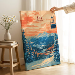 Åre Sweden Wall Art Ski Print showcasing a stunning ski landscape with a ski lift surrounded by mountains and trees.
