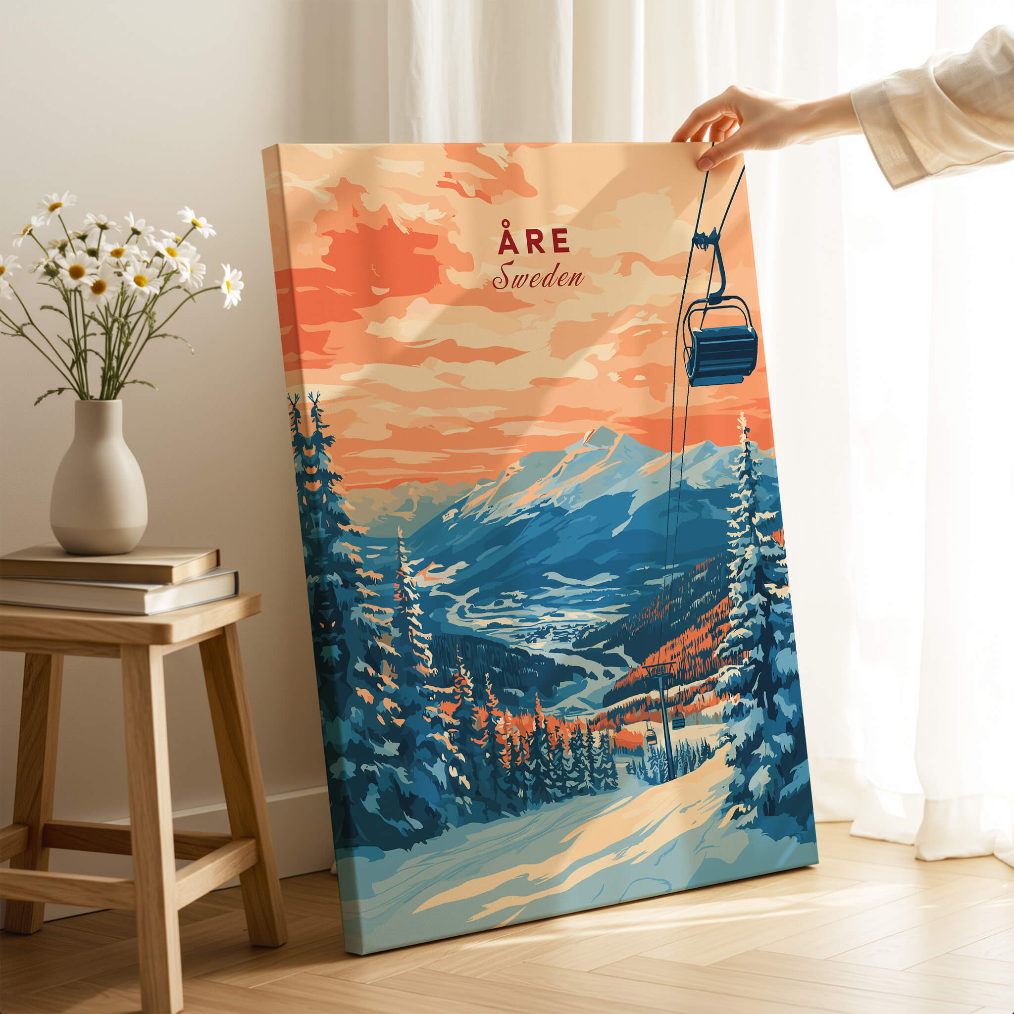 Åre Sweden Wall Art Ski Print showcasing a stunning ski landscape with a ski lift surrounded by mountains and trees.