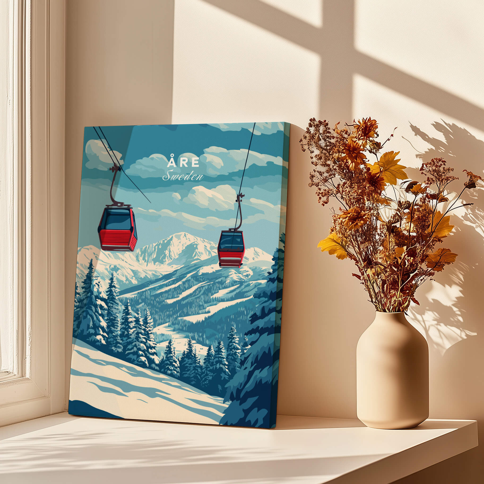 Ski Print Åre Sweden featuring ski gondolas and mountain scenery in a cozy room.