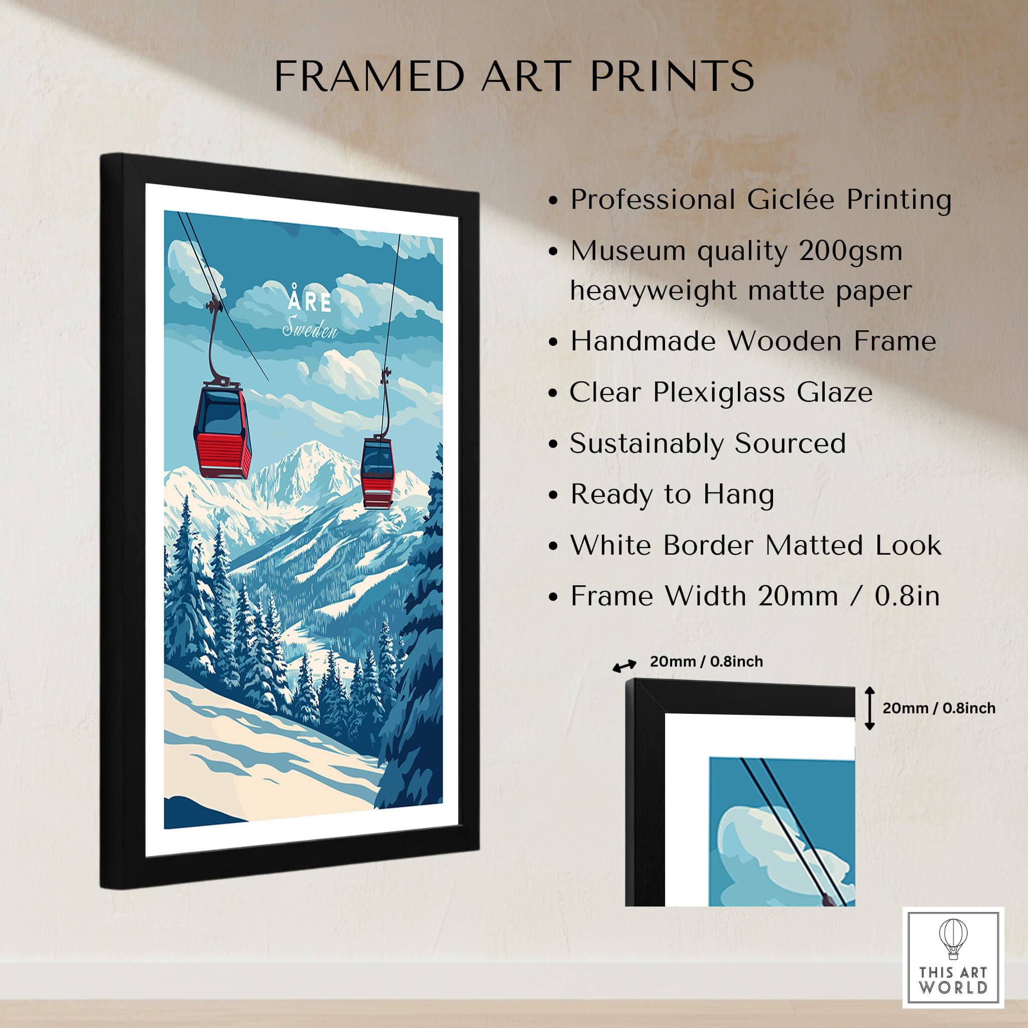 Ski Print Åre Sweden framed art print featuring a stunning landscape of Swedish mountains and ski lifts.