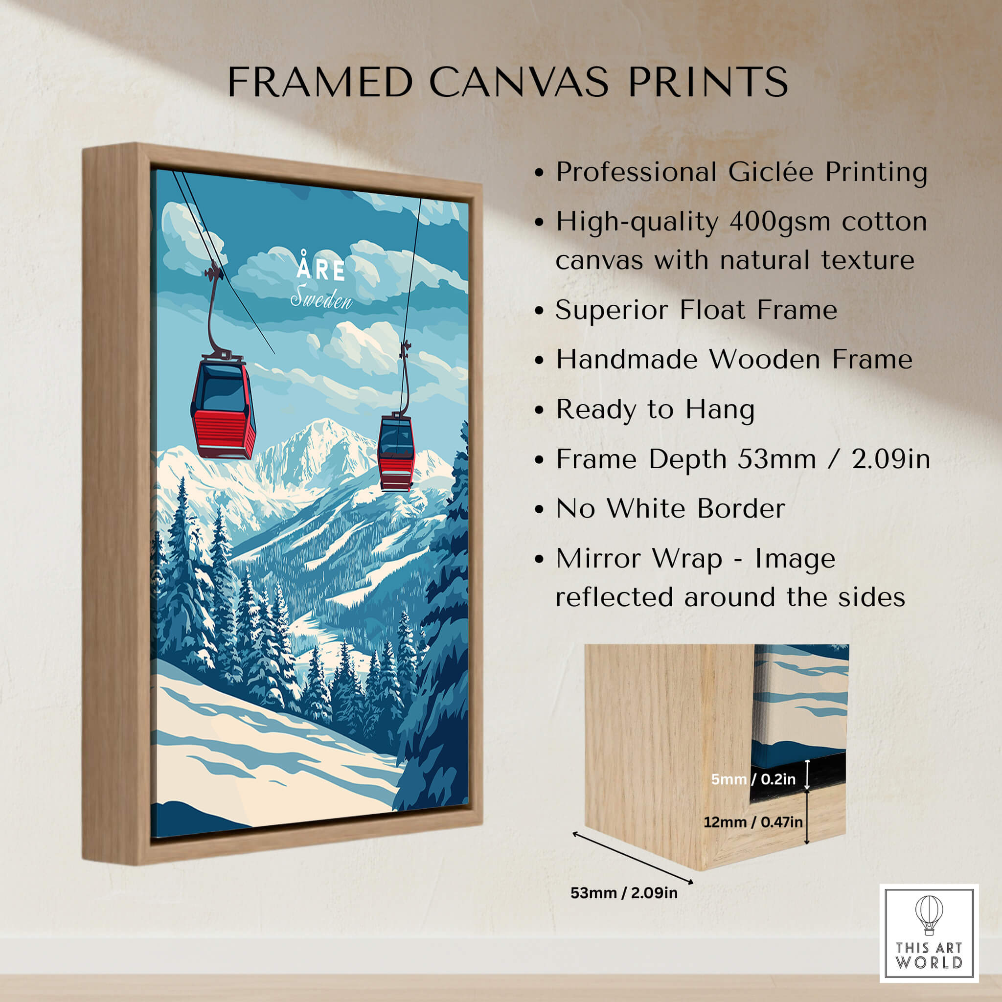 Ski Print Åre Sweden framed canvas print featuring stunning mountains and ski lifts.