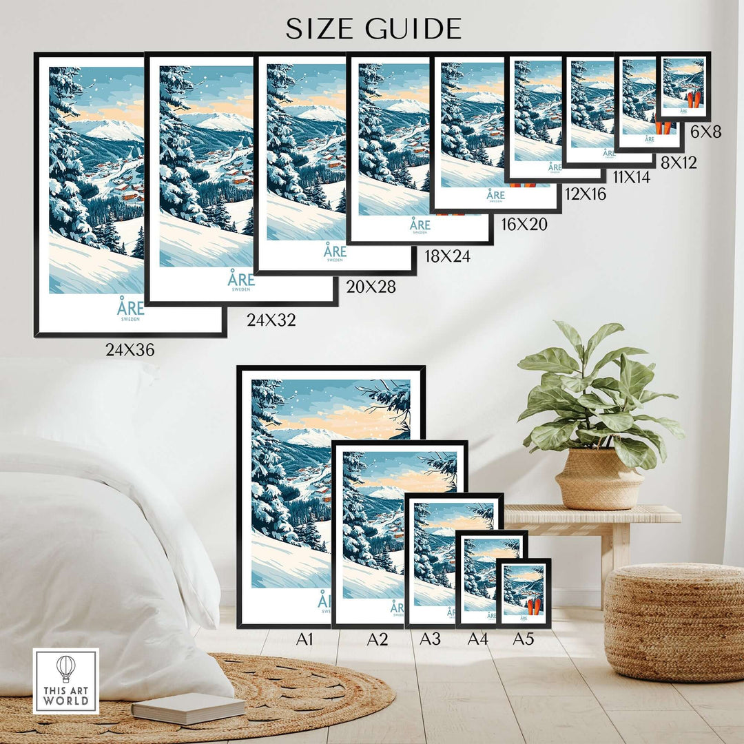 Size guide for Åre Sweden Ski Poster showcasing various frame sizes and design options in a cozy setting.