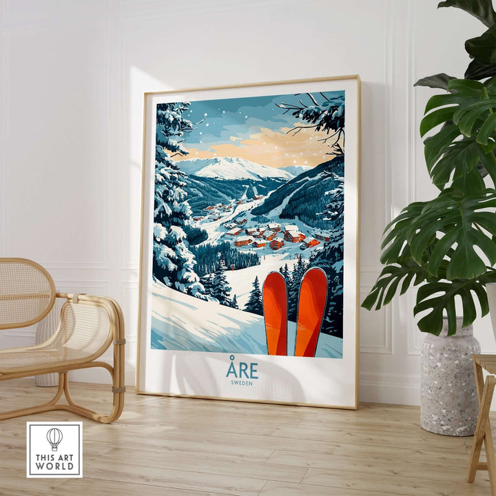 Åre Sweden Ski Poster featuring a snowy mountain landscape and red skis, perfect for ski enthusiasts and home decor.