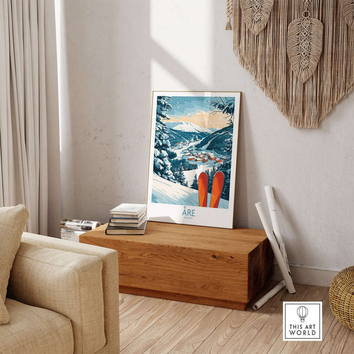 Åre Sweden ski poster displayed in a cozy living room, showcasing a winter landscape and vibrant ski graphics.